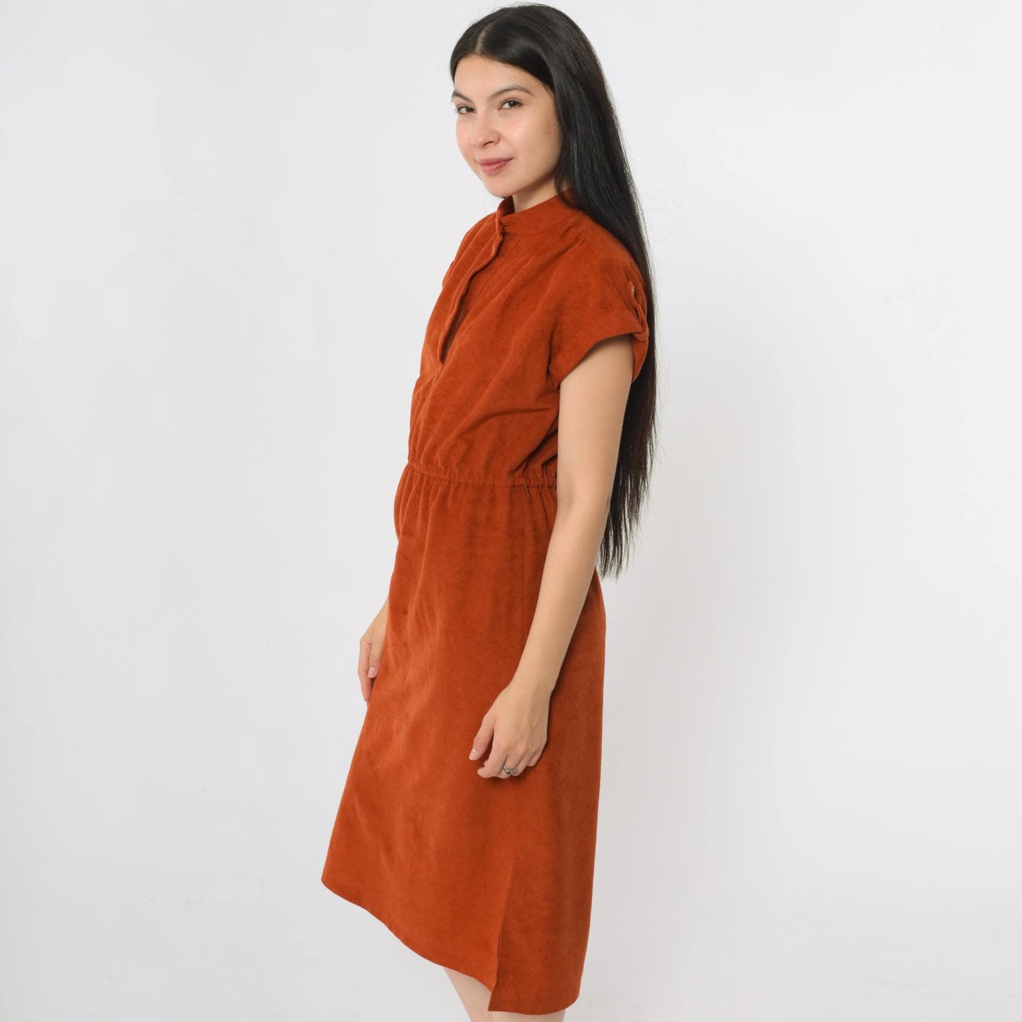 70s Rust Orange Velour Midi Dress High Waist Cap Sleeve Medium