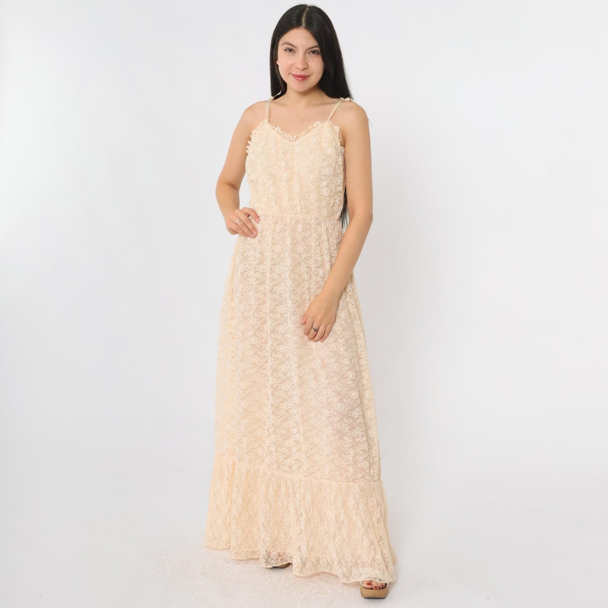 70s Peach Lace Maxi Dress Sweetheart Neckline Spaghetti Strap Small