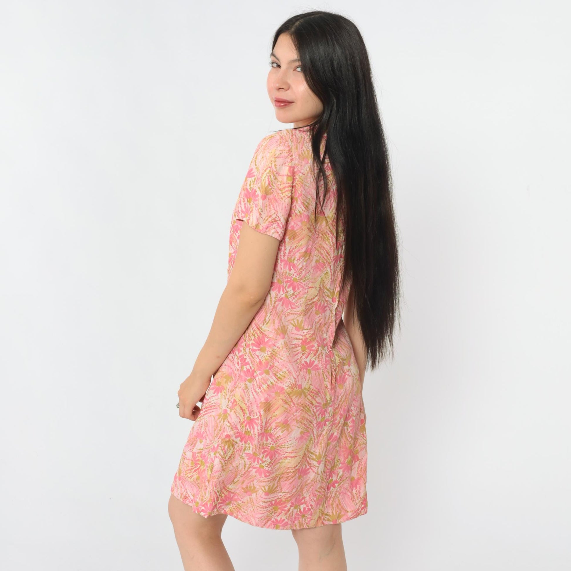 60s Pink Abstract Floral Shift Mini Dress Short Sleeve Small S