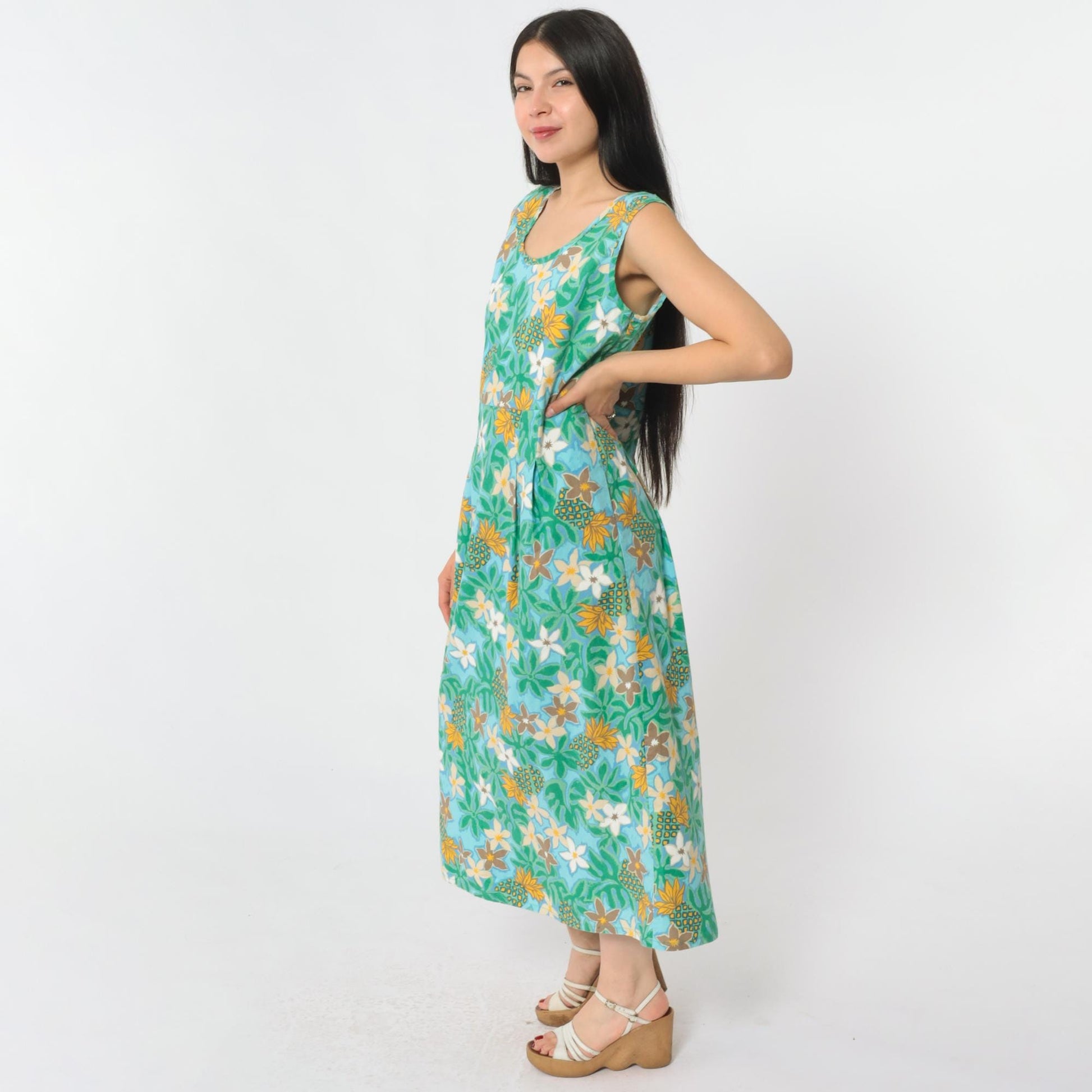 Y2K Ron Jon Surf Shop Hawaiian Floral Pineapple Midi Dress Cotton Green Medium