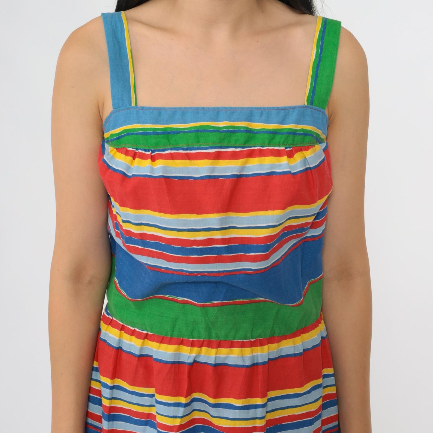 70s Striped Floral Midi Dress High Waist Smocked Back Sleeveless Small Medium