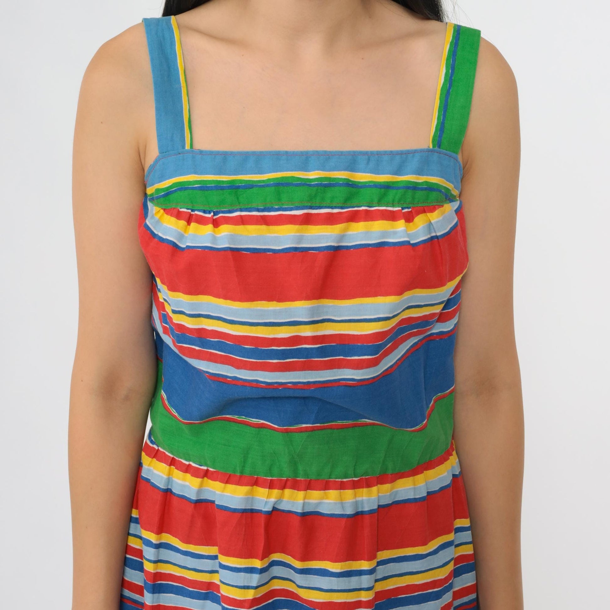 70s Striped Floral Midi Dress High Waist Smocked Back Sleeveless Small Medium