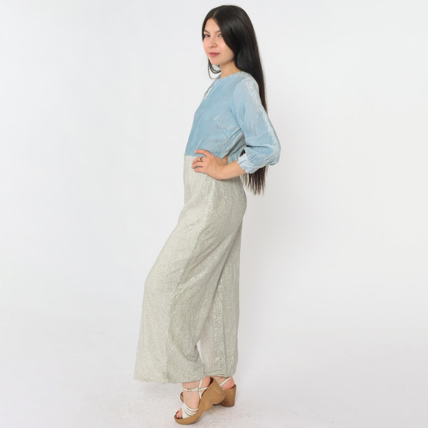 70s Metallic Velvet Jumpsuit Wide Leg Light Blue Silver V-Neck Small S