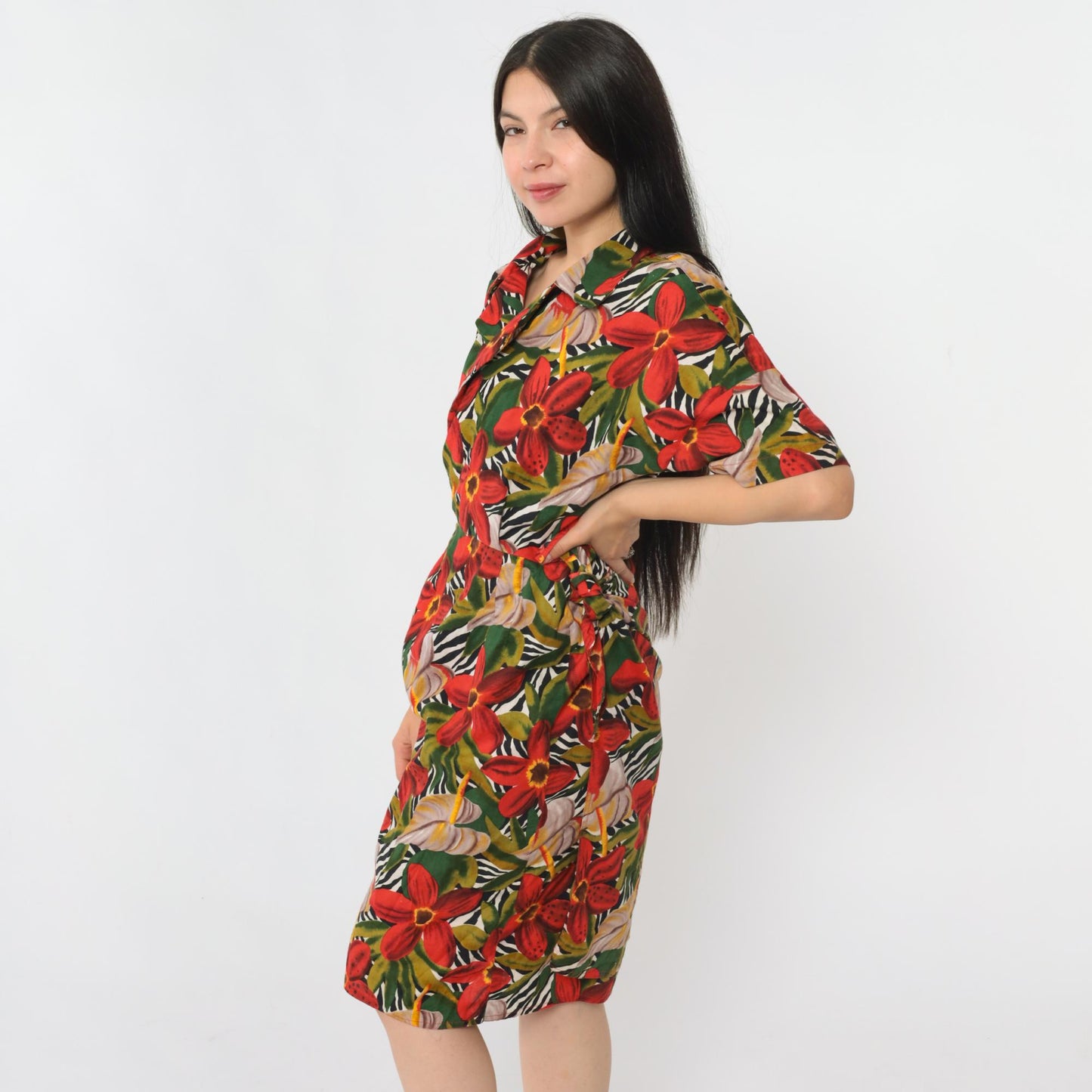 80s Tropical Floral Wrap Dress Knee Length V-Neck Red Green Small