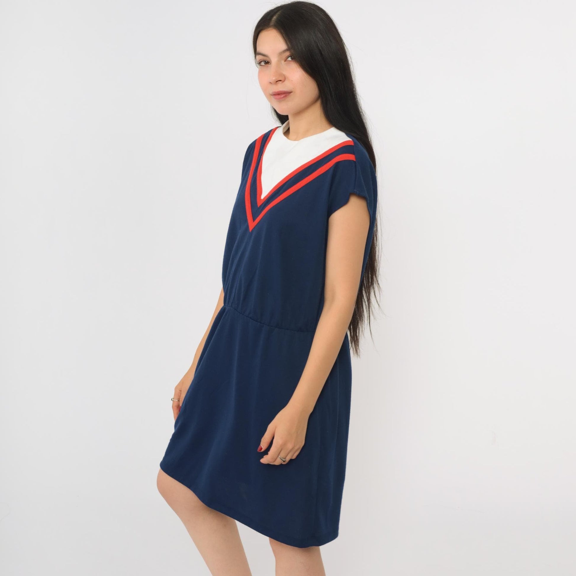 80s Navy Chevron Striped Mini Dress White Yoke Cap Sleeve High Waist Medium