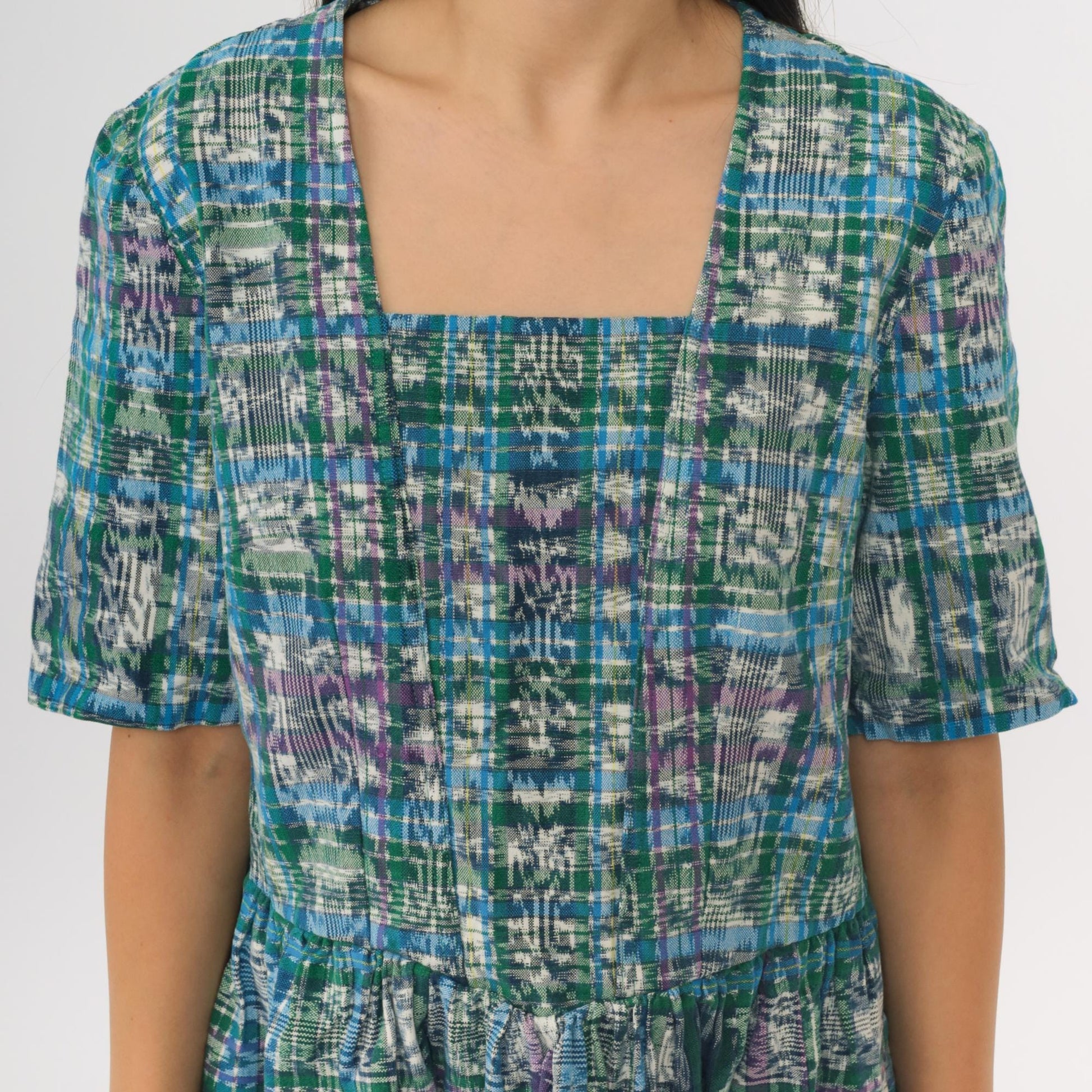 90s Checkered Ikat Mini Dress Green Blue High Waist Short Sleeve Small Medium