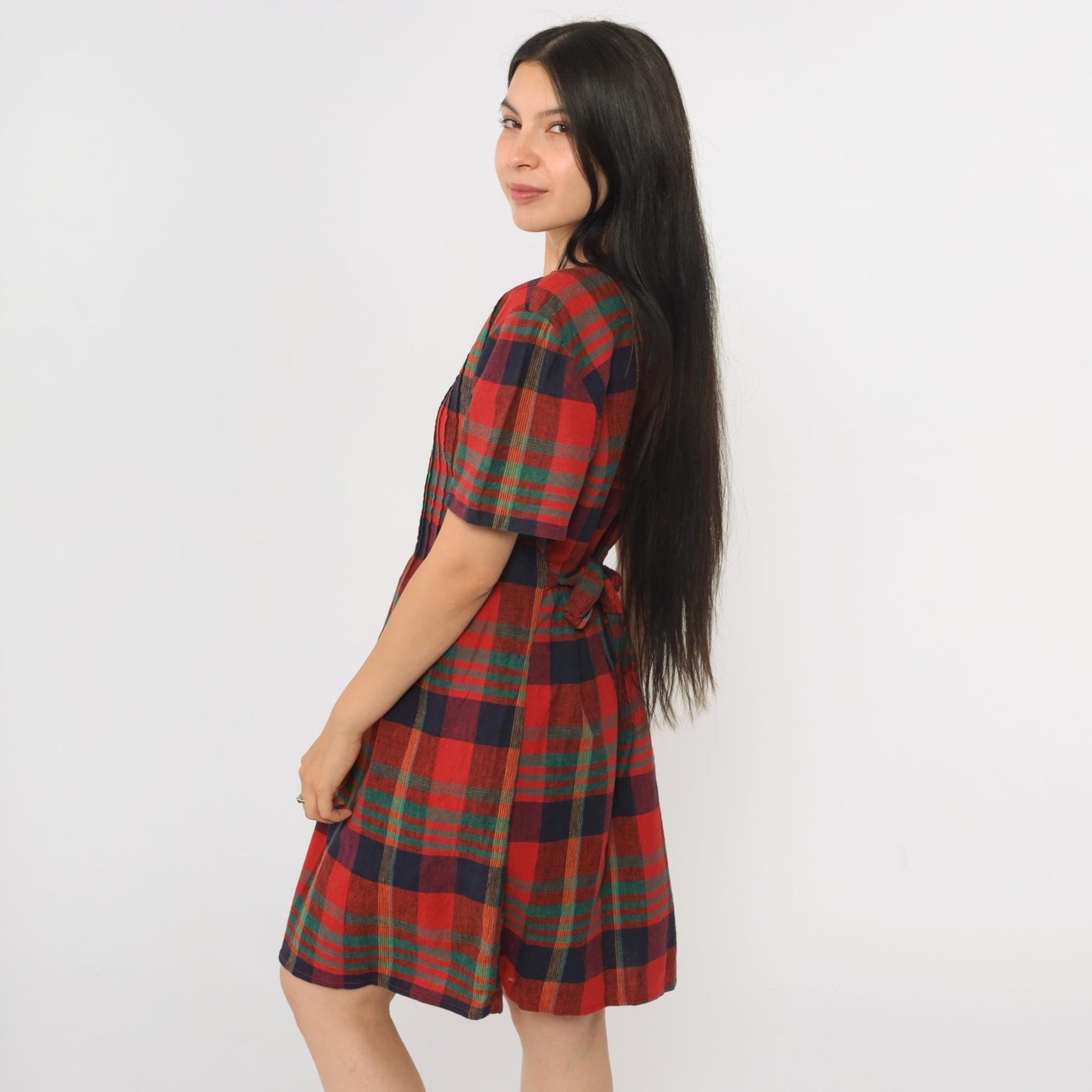 90s Plaid Mini Dress Red Blue Green Checkered Shift Linen Cotton Large
