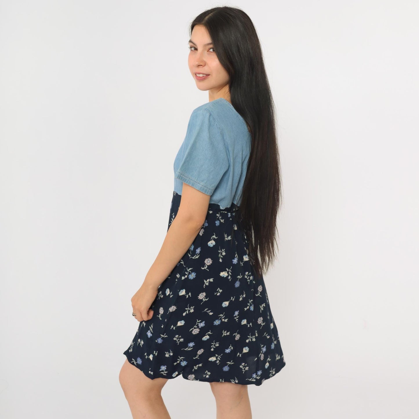 90s Jeans by Express Floral Denim Mini Dress High Waist Blue Small
