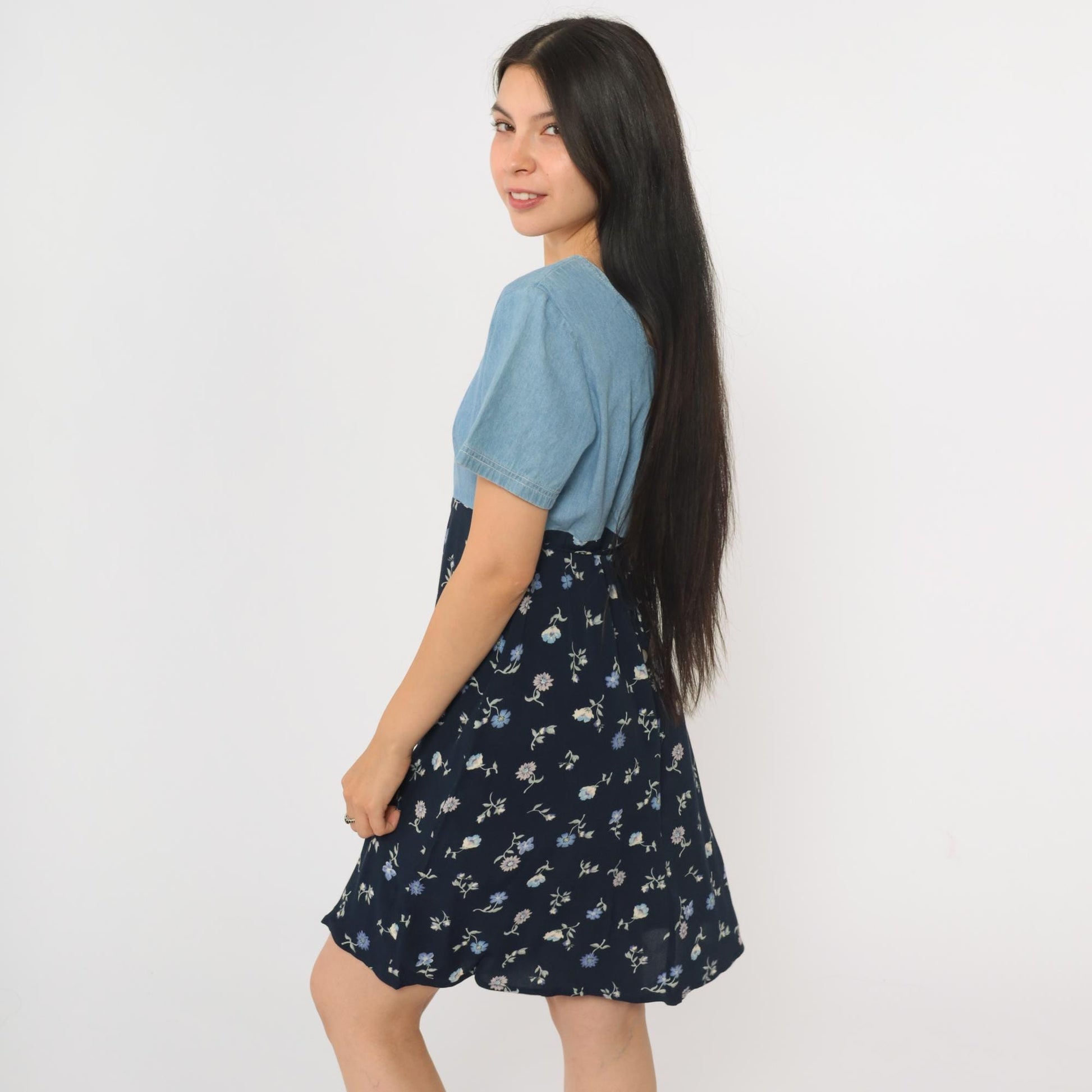 90s Jeans by Express Floral Denim Mini Dress High Waist Blue Small