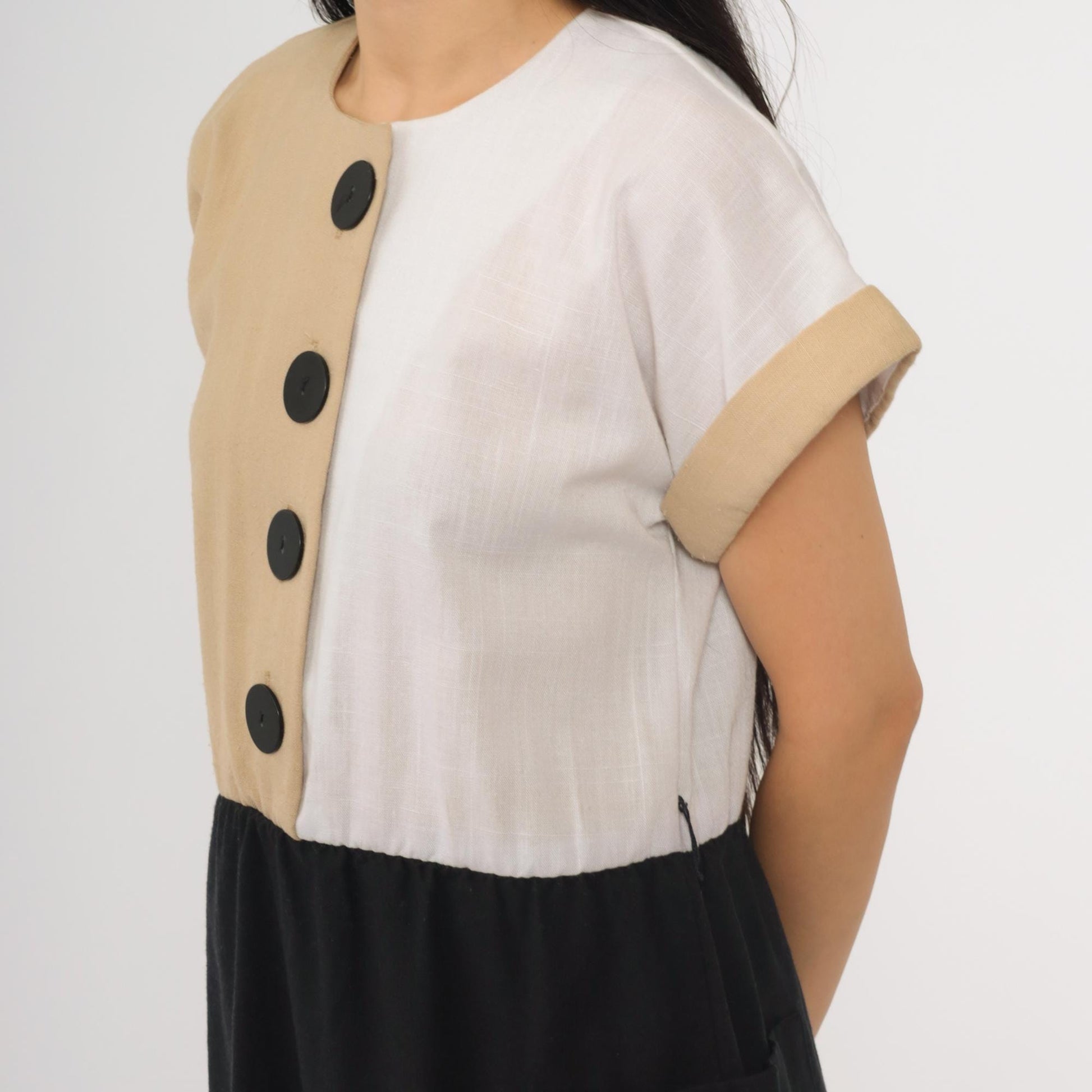 80s Color Block Mini Dress Button-Up High Waist Black Tan White Medium 8