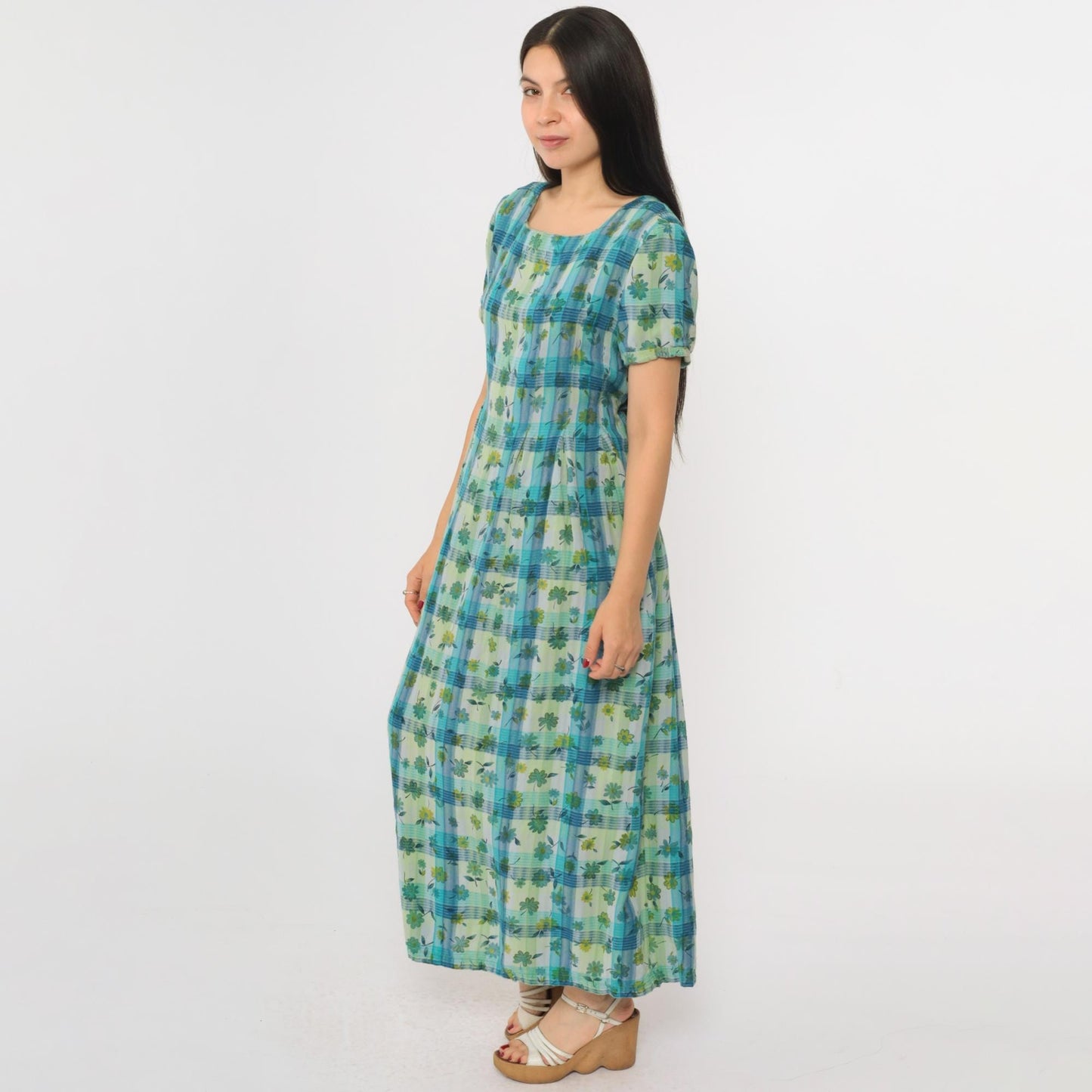 90s Sarah Elizabeth Checkered Floral Maxi Dress Blue Green Short Sleeve Medium