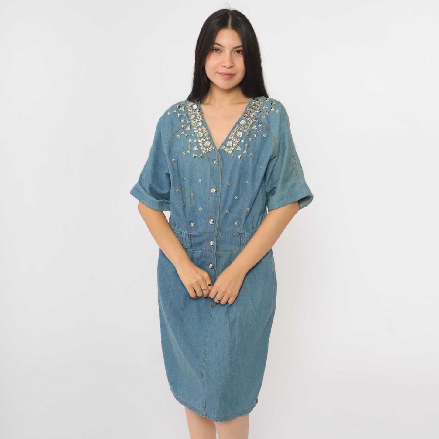 90s Styleworks Blue Denim Midi Dress Studded Rhinestone Button-Up V-Neck Medium
