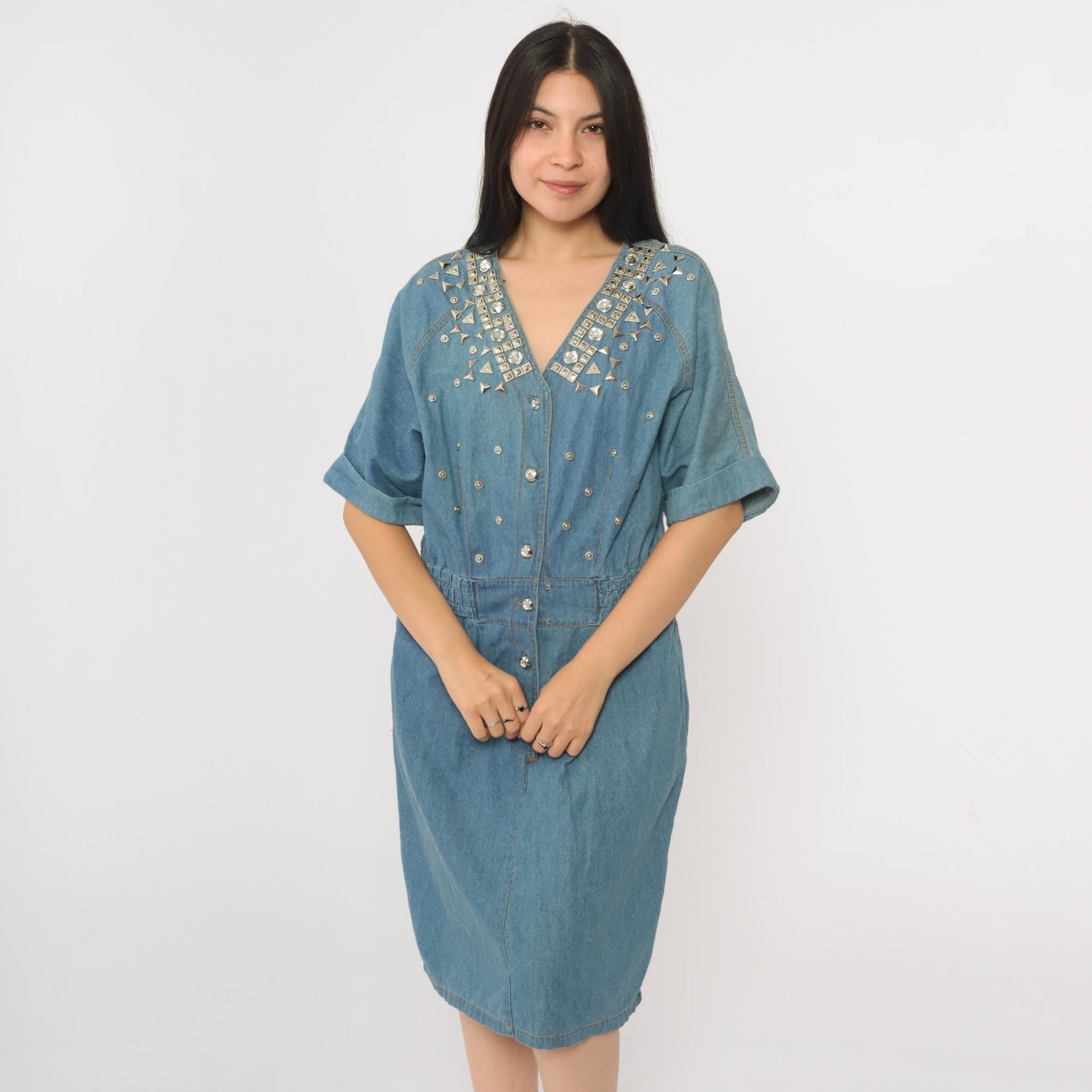 90s Styleworks Blue Denim Midi Dress Studded Rhinestone Button-Up V-Neck Medium