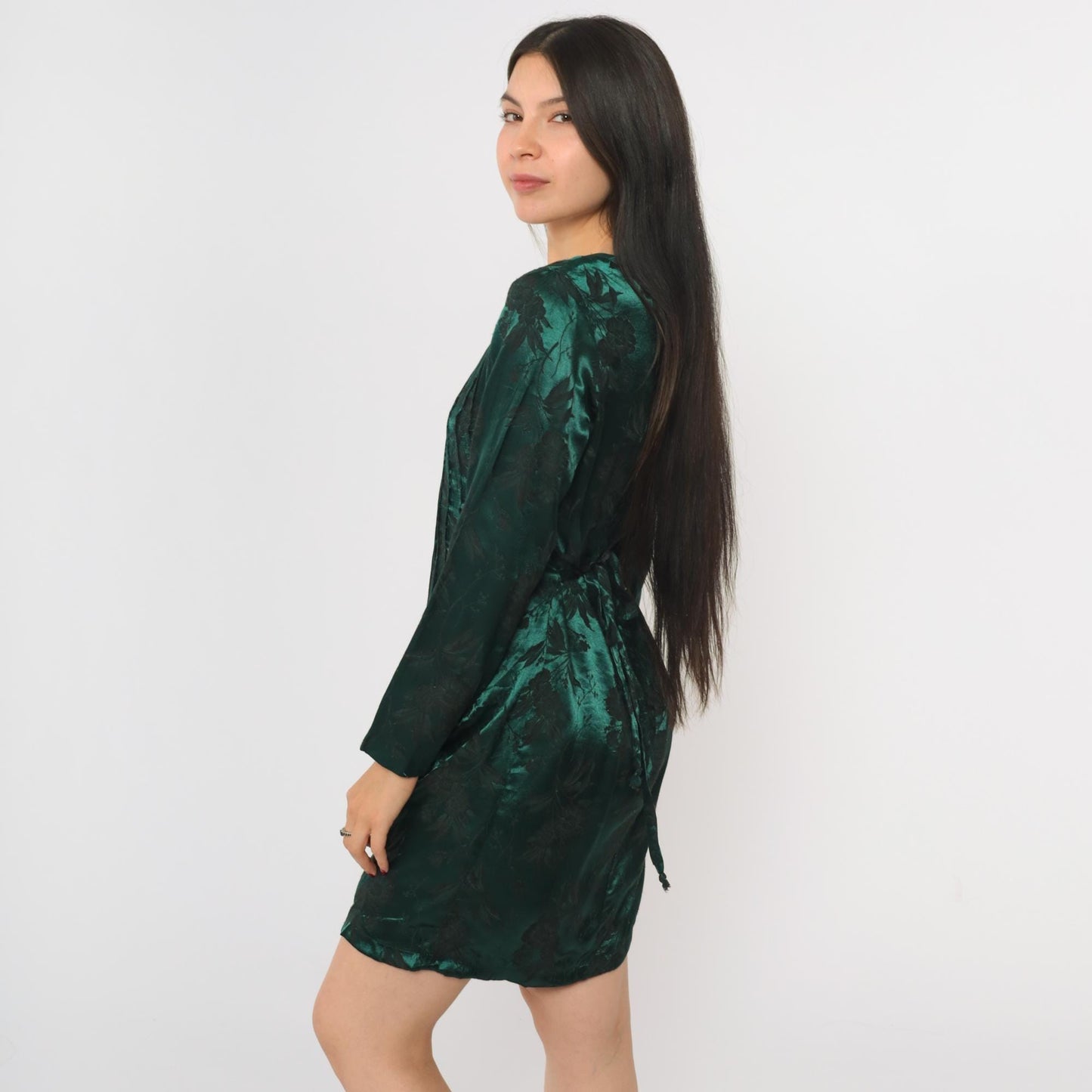 90s Sarah Richards Green Satin Floral Mini Dress Long Sleeve Scoop Neck Small