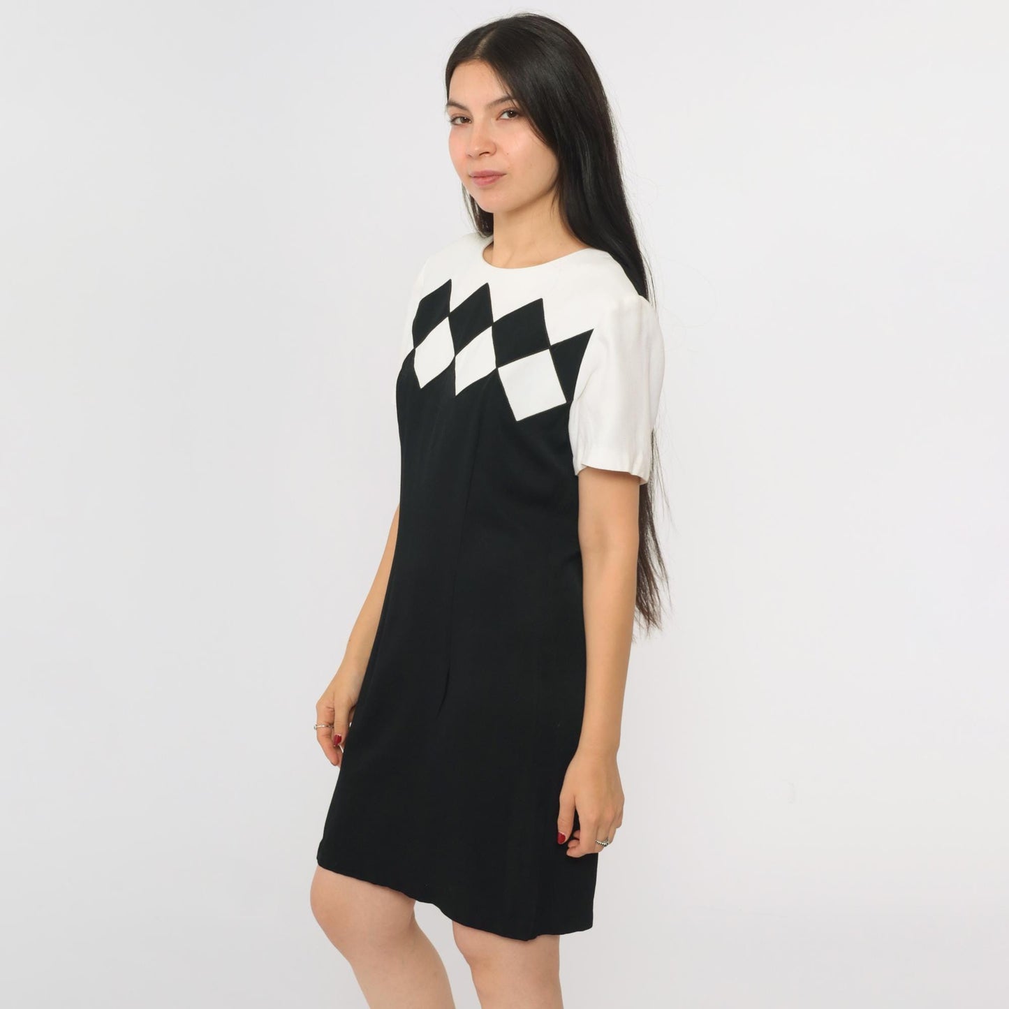 90s Black White Checkered Color Block Shift Minidress Small 4