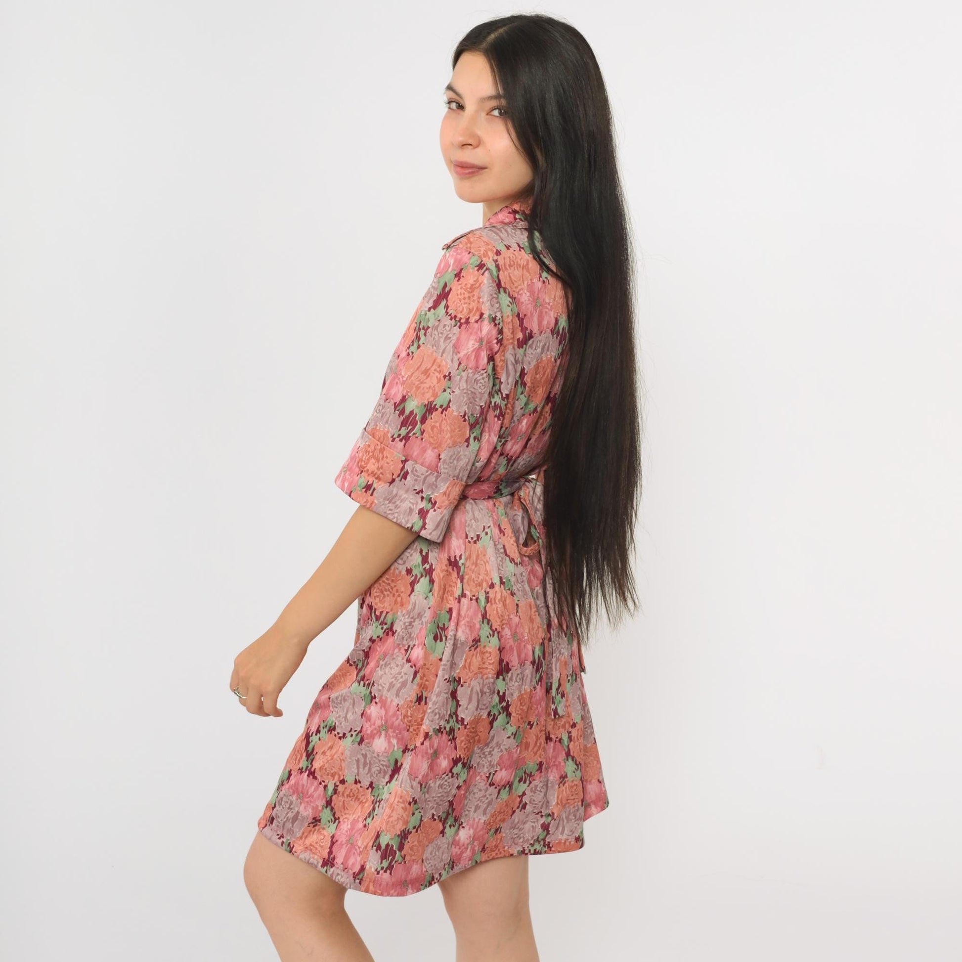 70s Pink Floral Shift Mini Dress Button-Up Half Sleeve Tie Belt Extra Large