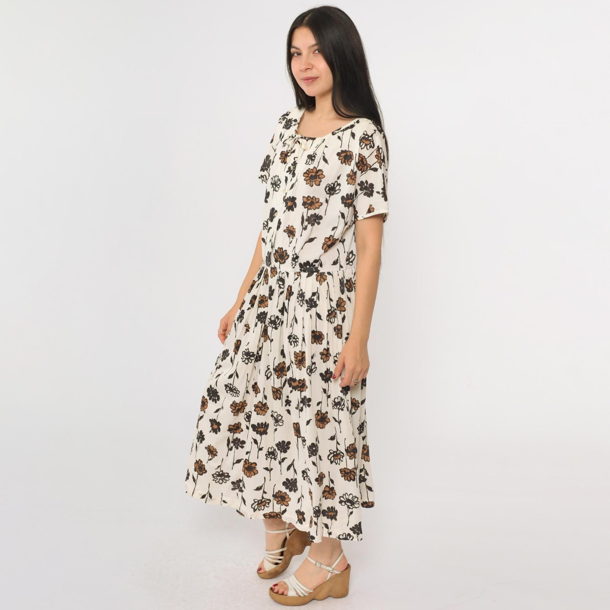 60s White Floral Bow Neck Button-Up Midi Dress Black Brown Print Large L