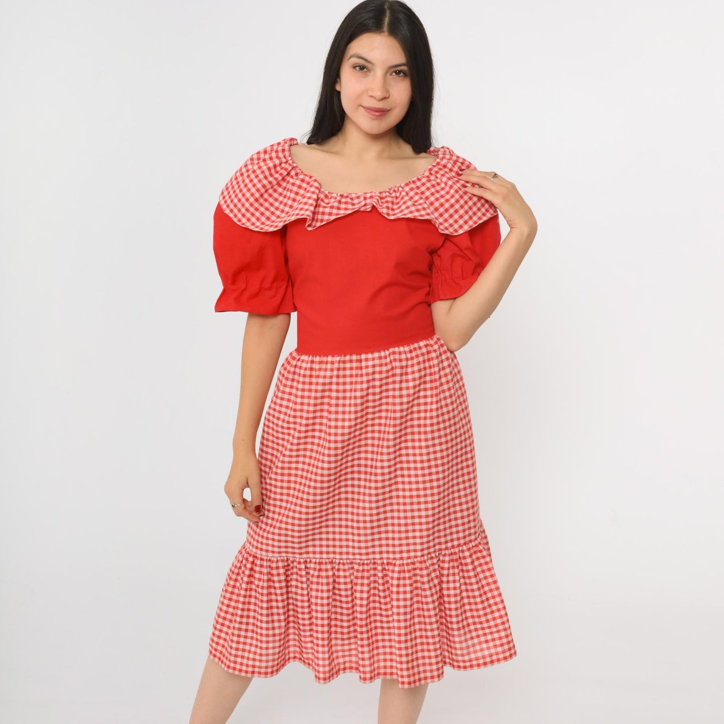 70s Red Gingham Prairie Dress Puff Sleeve Midi High Waist Medium Large