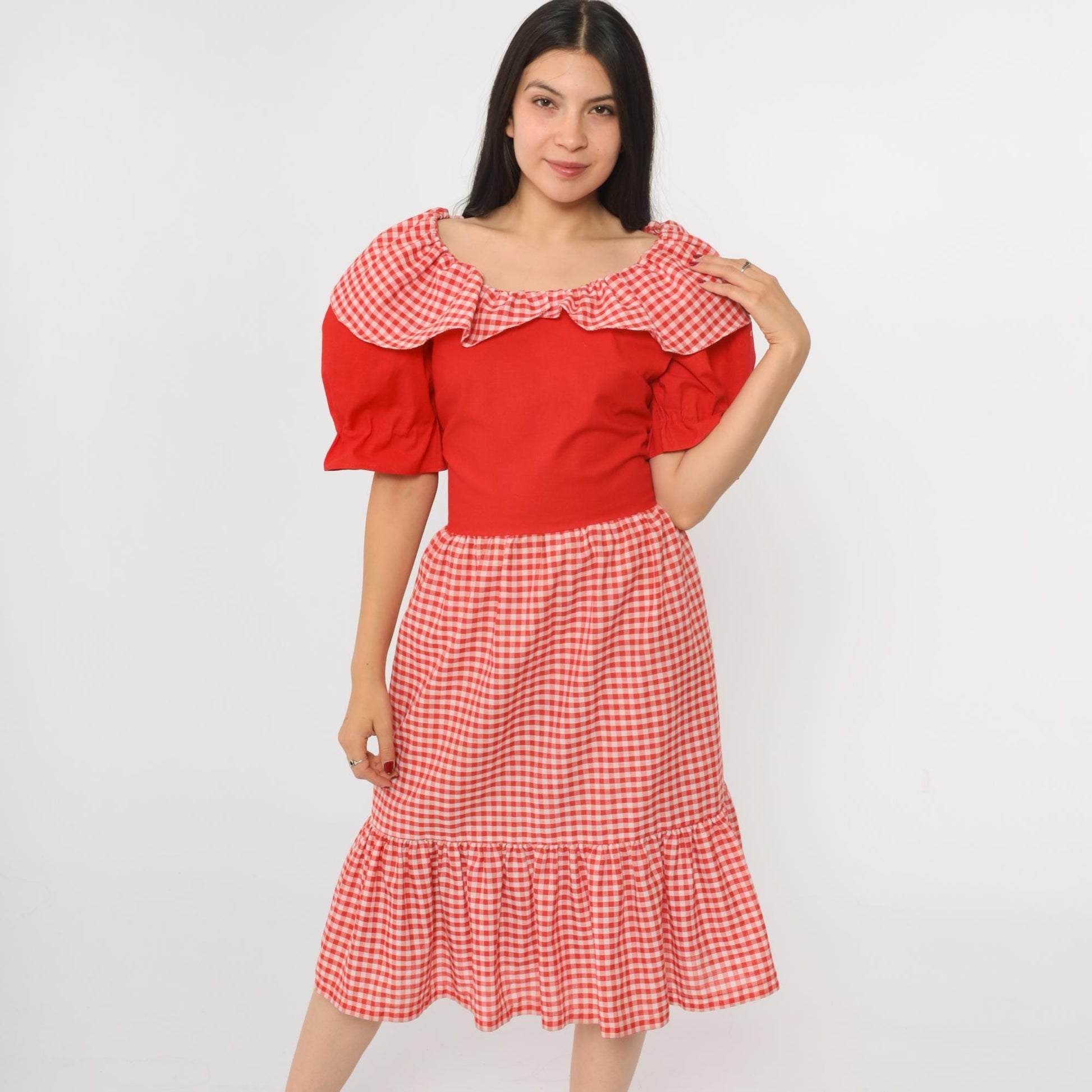 70s Red Gingham Prairie Dress Puff Sleeve Midi High Waist Medium Large
