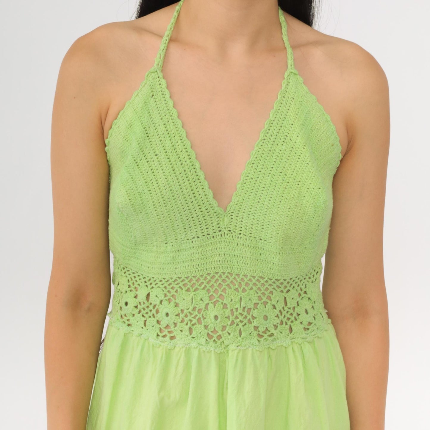 90s Lime Green Crochet Halter Midi Dress Deep V Sheer Waist Small Medium