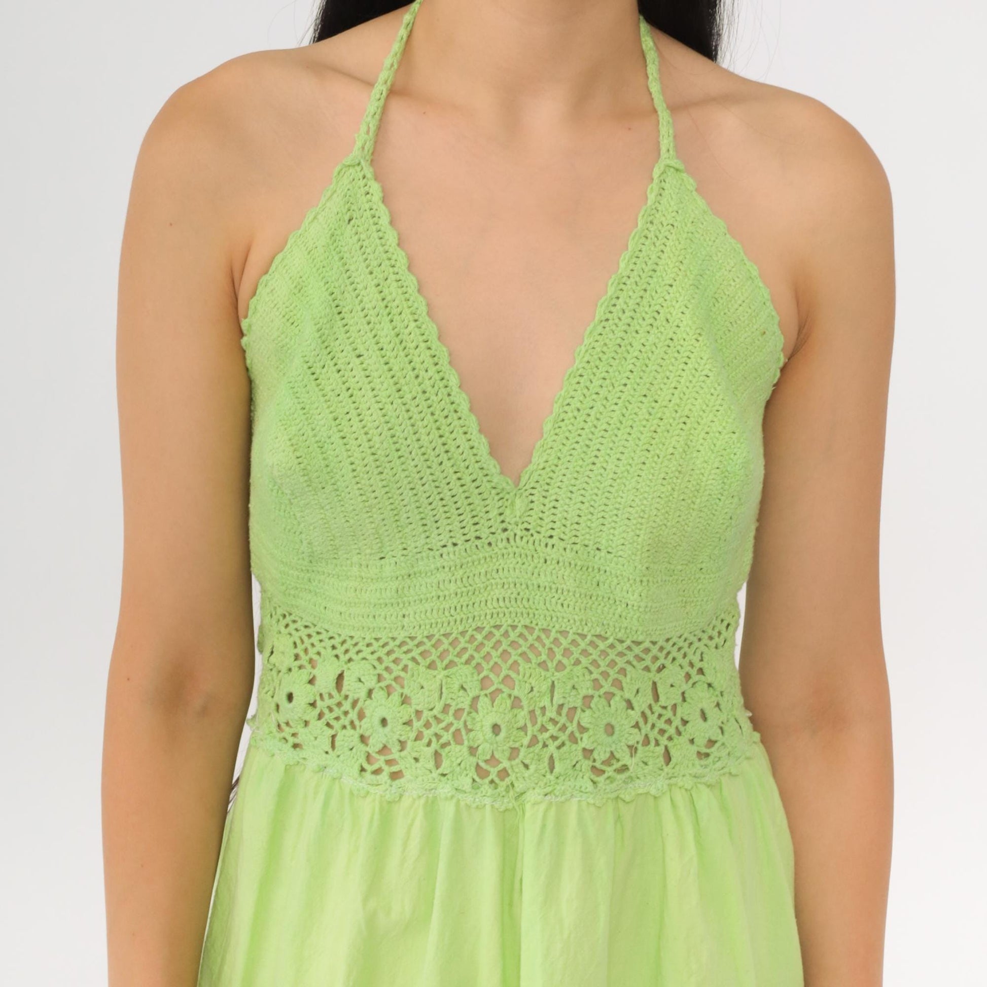 90s Lime Green Crochet Halter Midi Dress Deep V Sheer Waist Small Medium