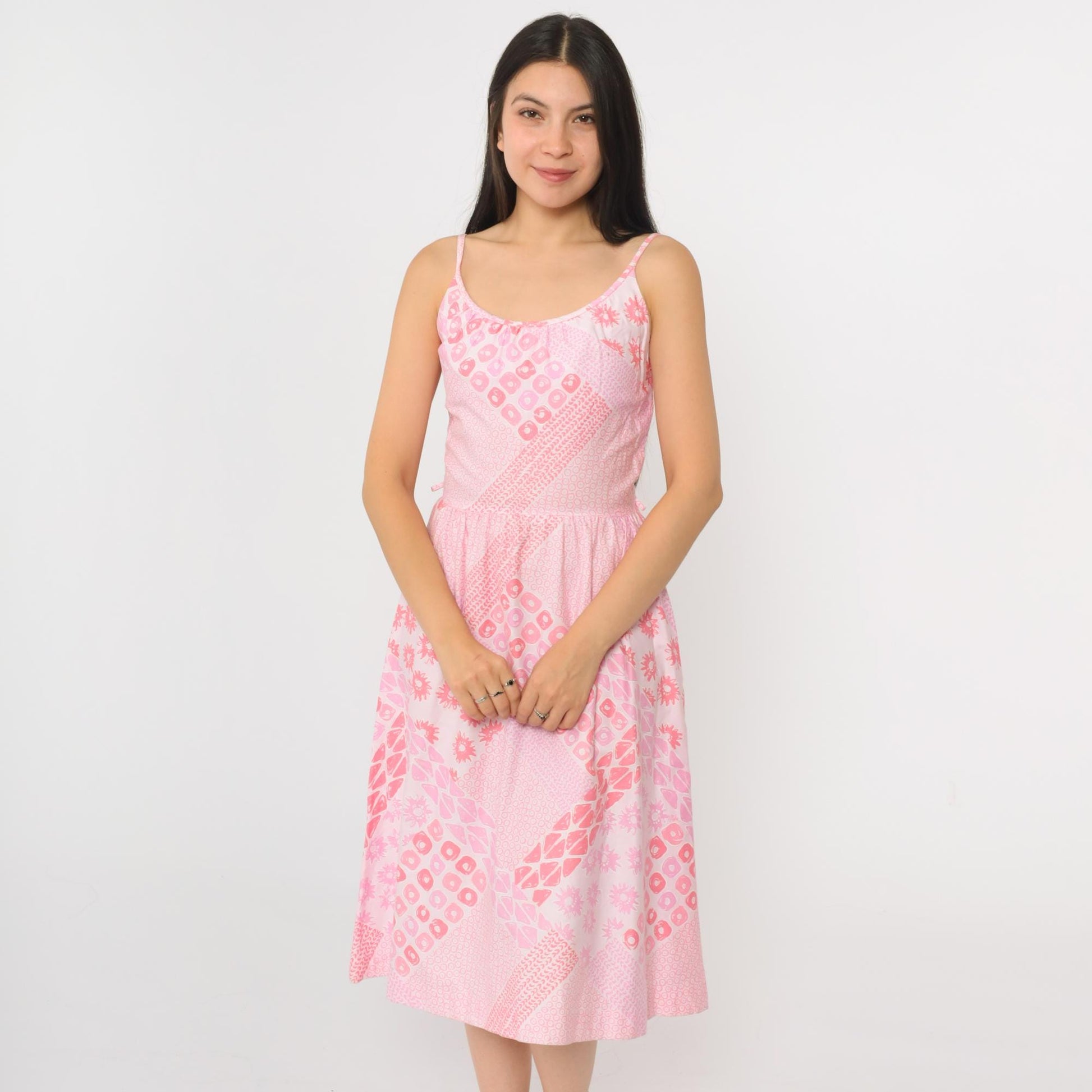 70s Malia Foster Hawaiian Midi Dress Pink Geometric High Waist Spaghetti Strap Extra Small
