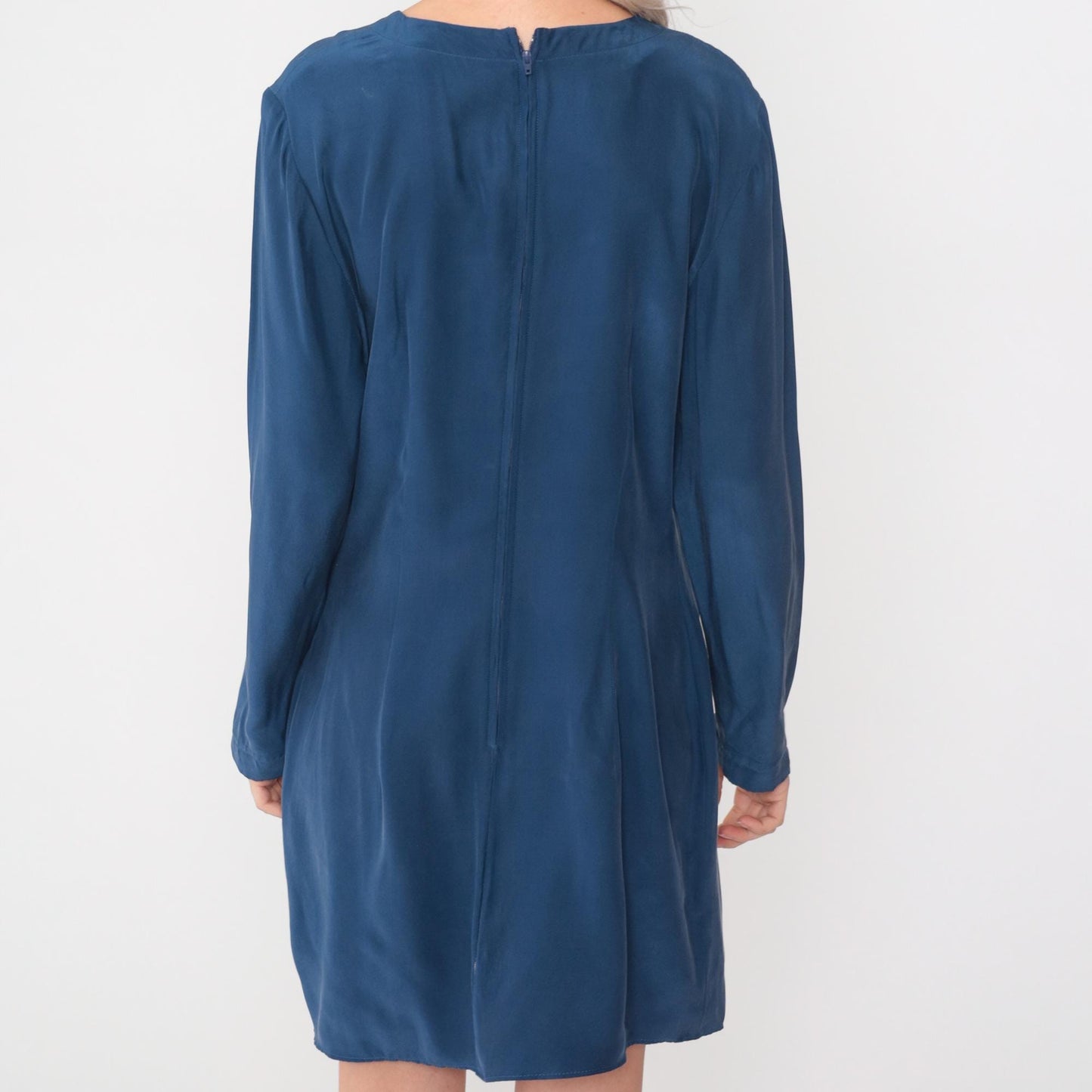 90s Maggy London Dark Blue Silk Mini Dress Long Sleeve Sheath Medium 8