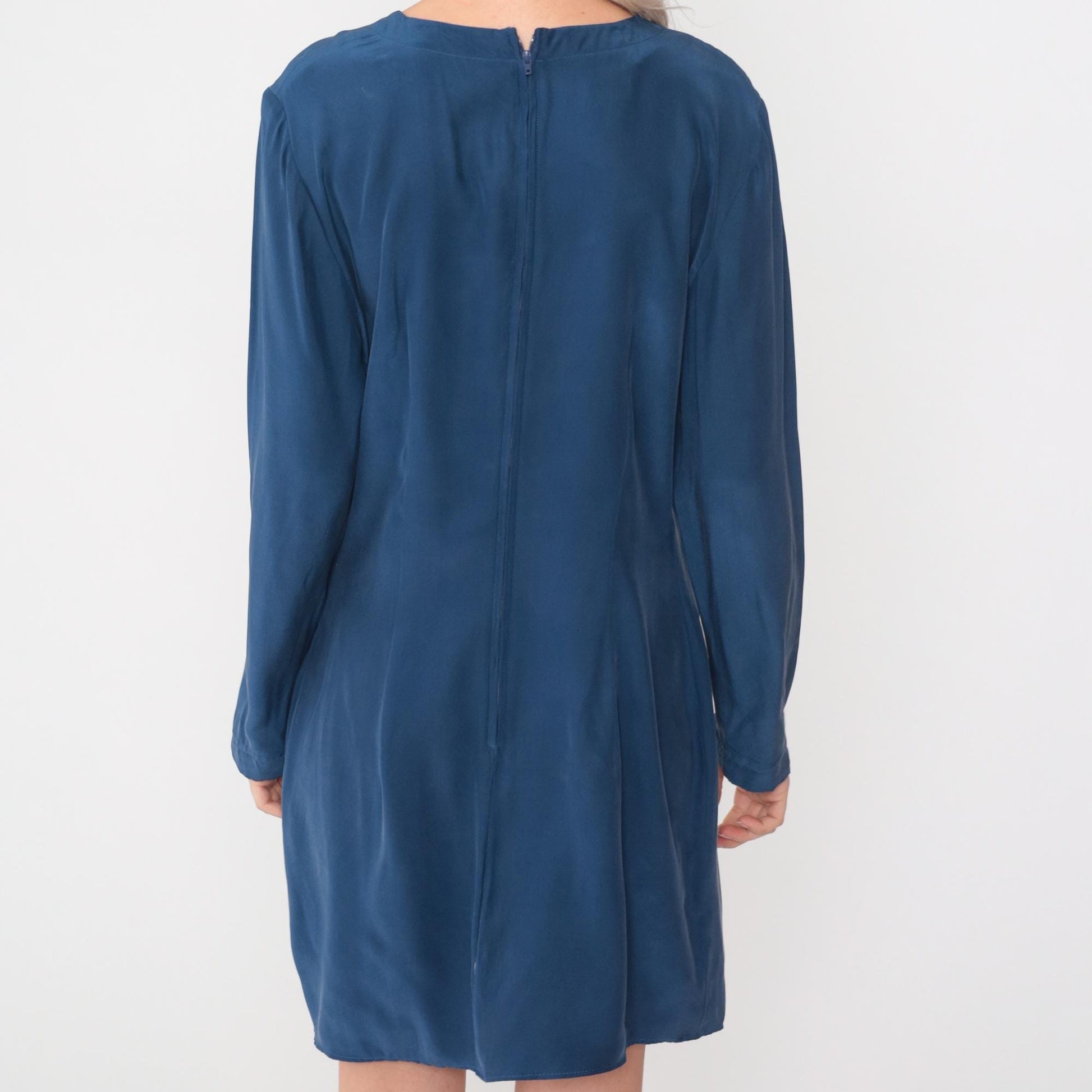 90s Maggy London Dark Blue Silk Mini Dress Long Sleeve Sheath Medium 8