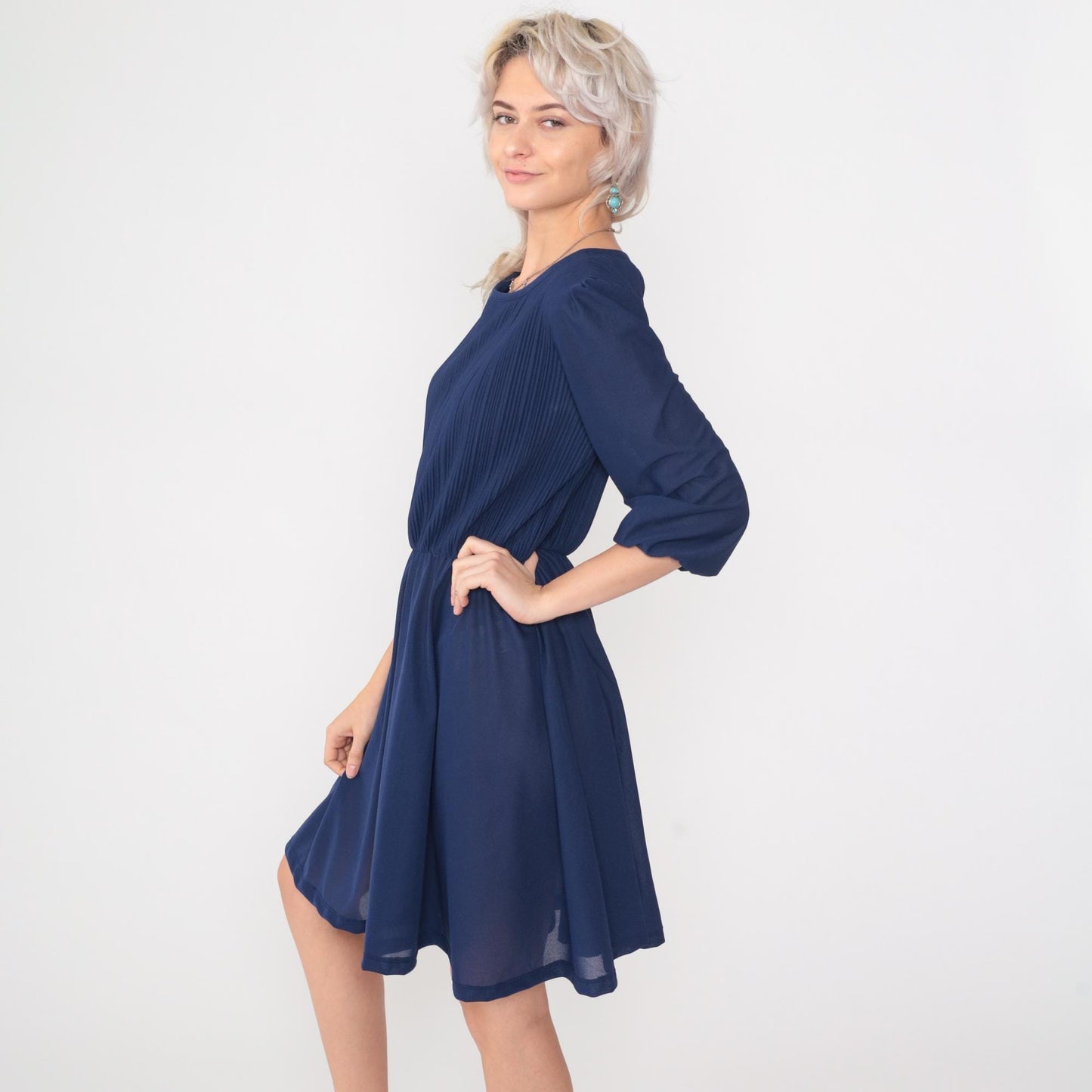 80s Navy Puff Sleeve Mini Dress Knife Pleated High Waist Medium Large