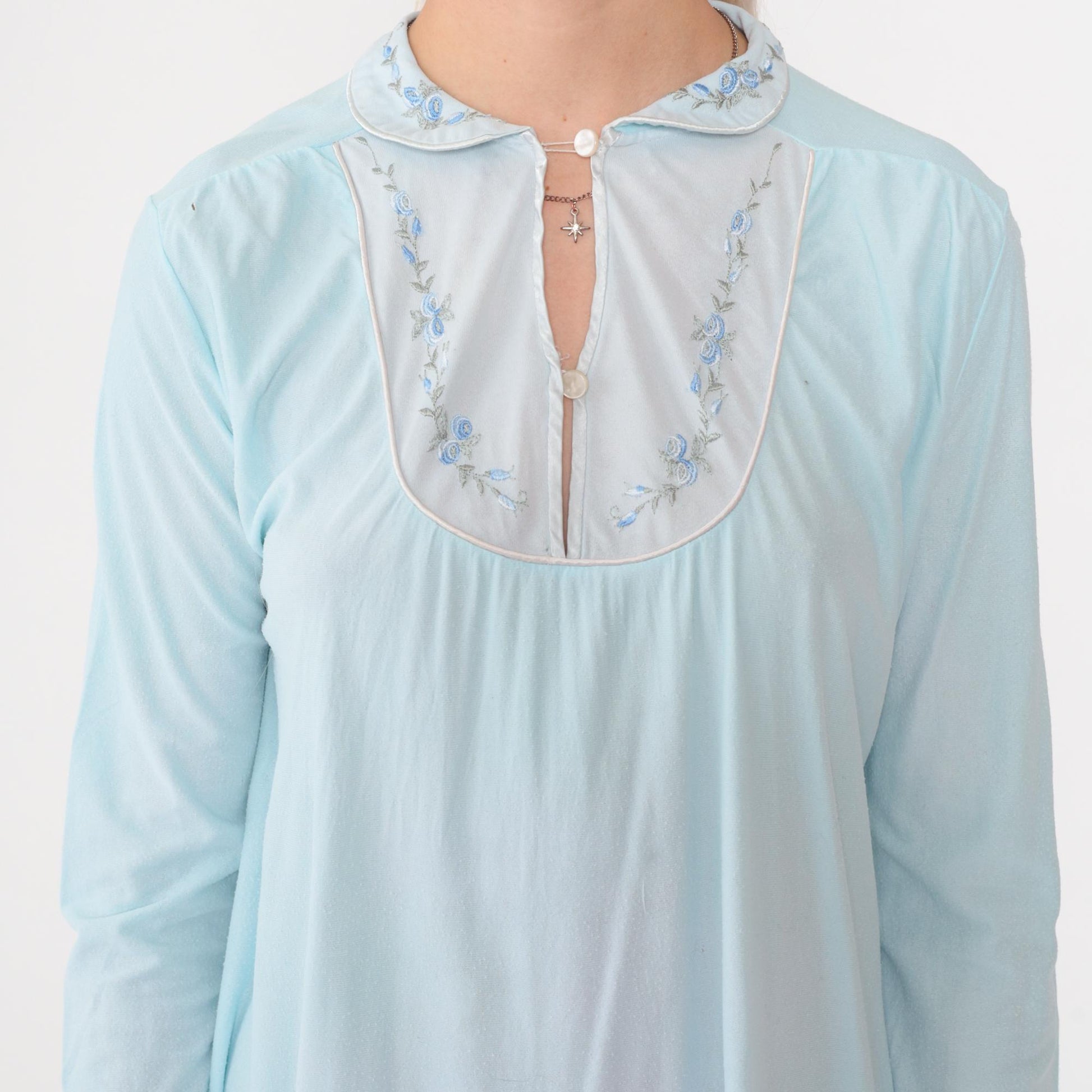 70s Baby Blue Embroidered Floral Pajama Dress Nylon Nightgown Mini Small