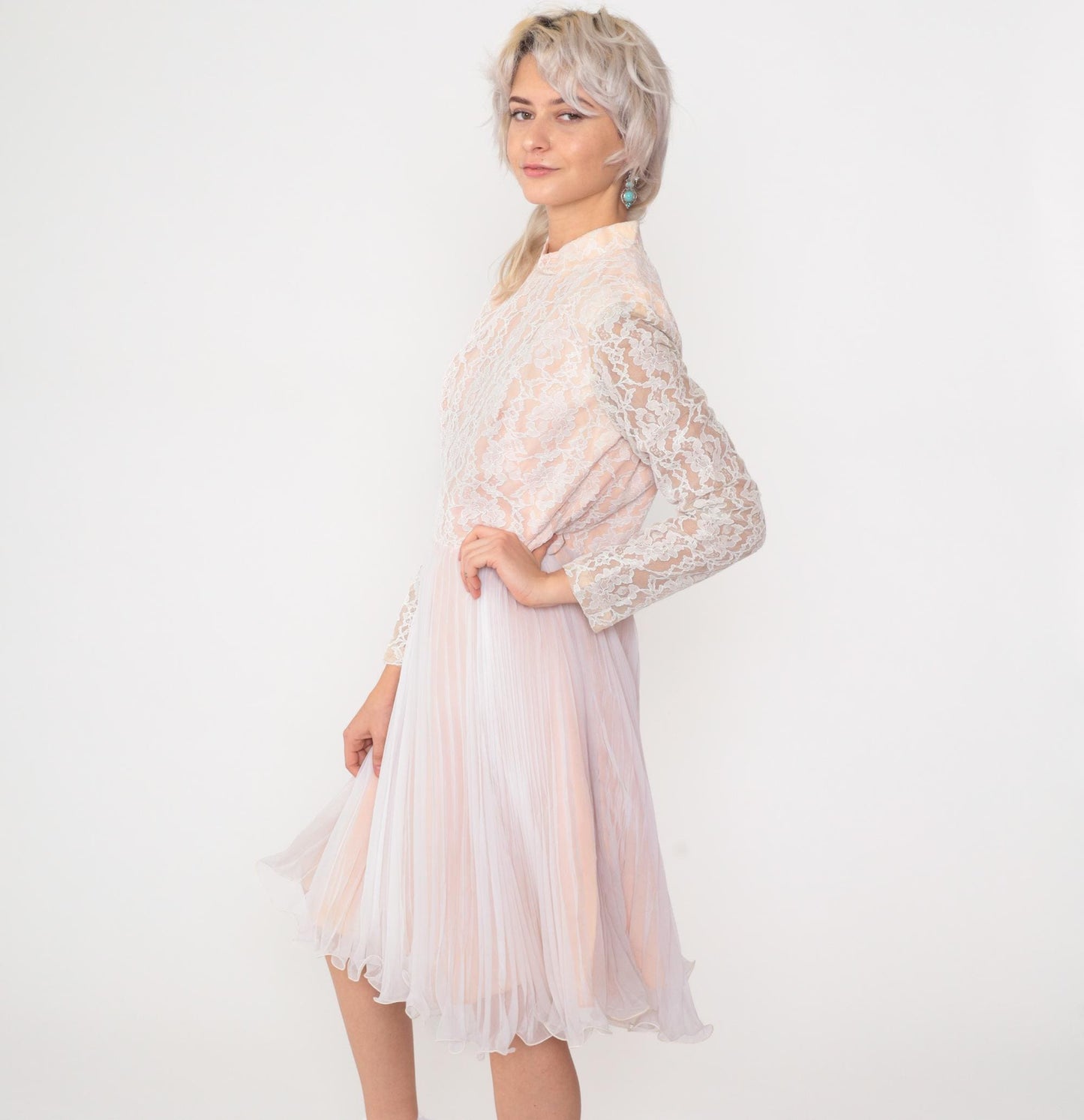 60s White Lace Chiffon Midi Dress Long Sleeve High Waist Mock Neck Medium M