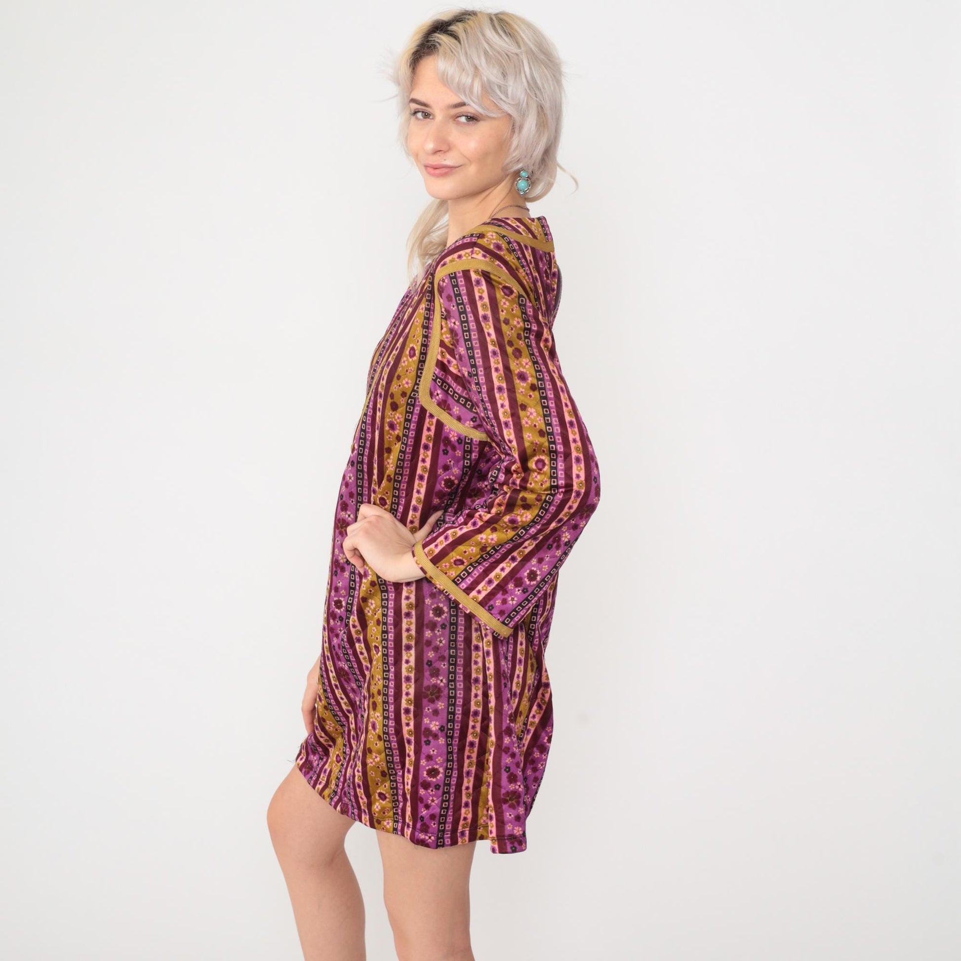 70s Quilted Floral Shift Dress Purple Mustard Striped Mini Small S