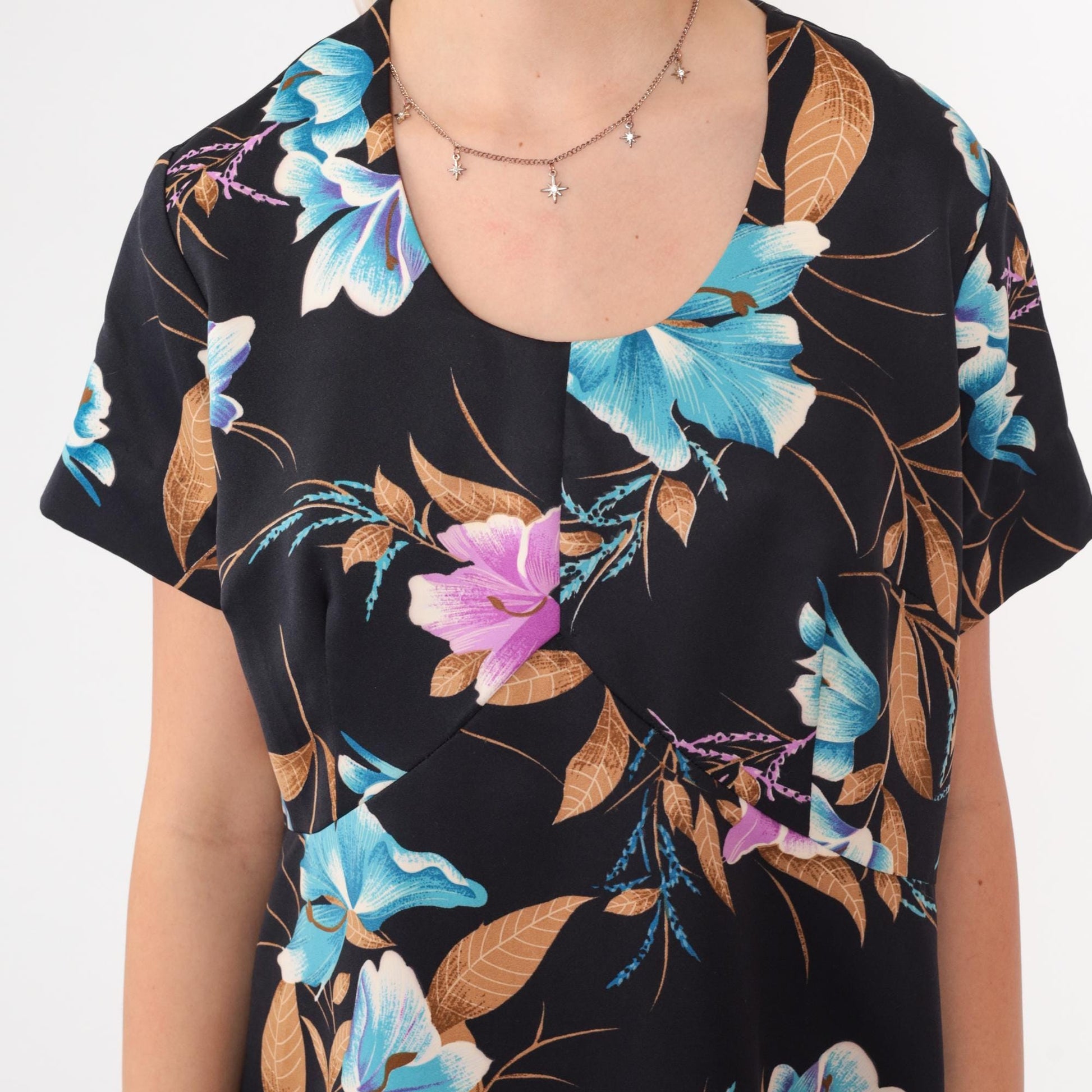 70s Tropical Floral Babydoll Dress Black Empire Waist Mini Scoop Neck Large
