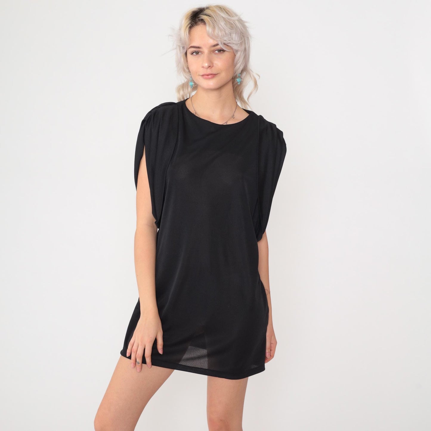 80s Patra Black Mini Shift Dress Cap Sleeve Keyhole Back Medium M