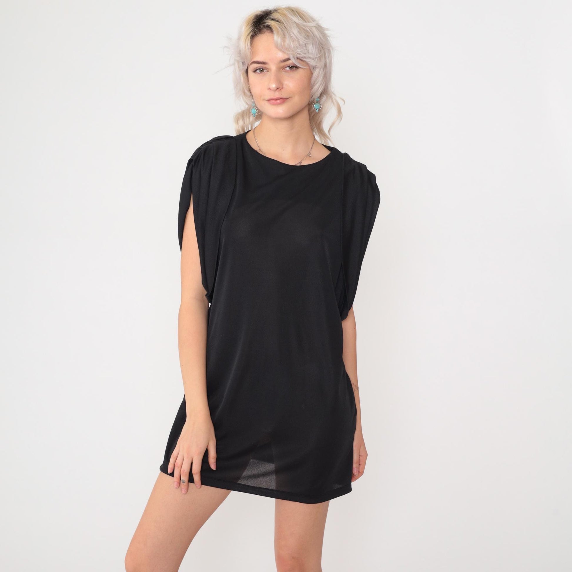 80s Patra Black Mini Shift Dress Cap Sleeve Keyhole Back Medium M