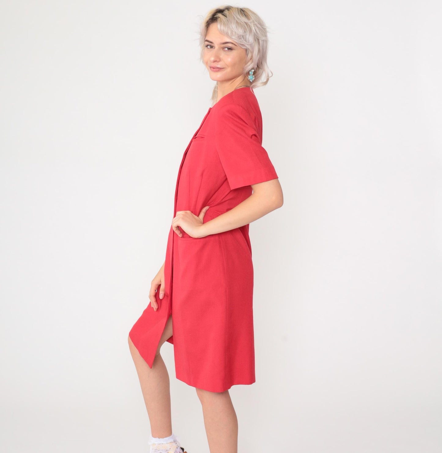 90s Kasper Red Button-Up Shirtdress Knee Length Short Sleeve Medium Petite