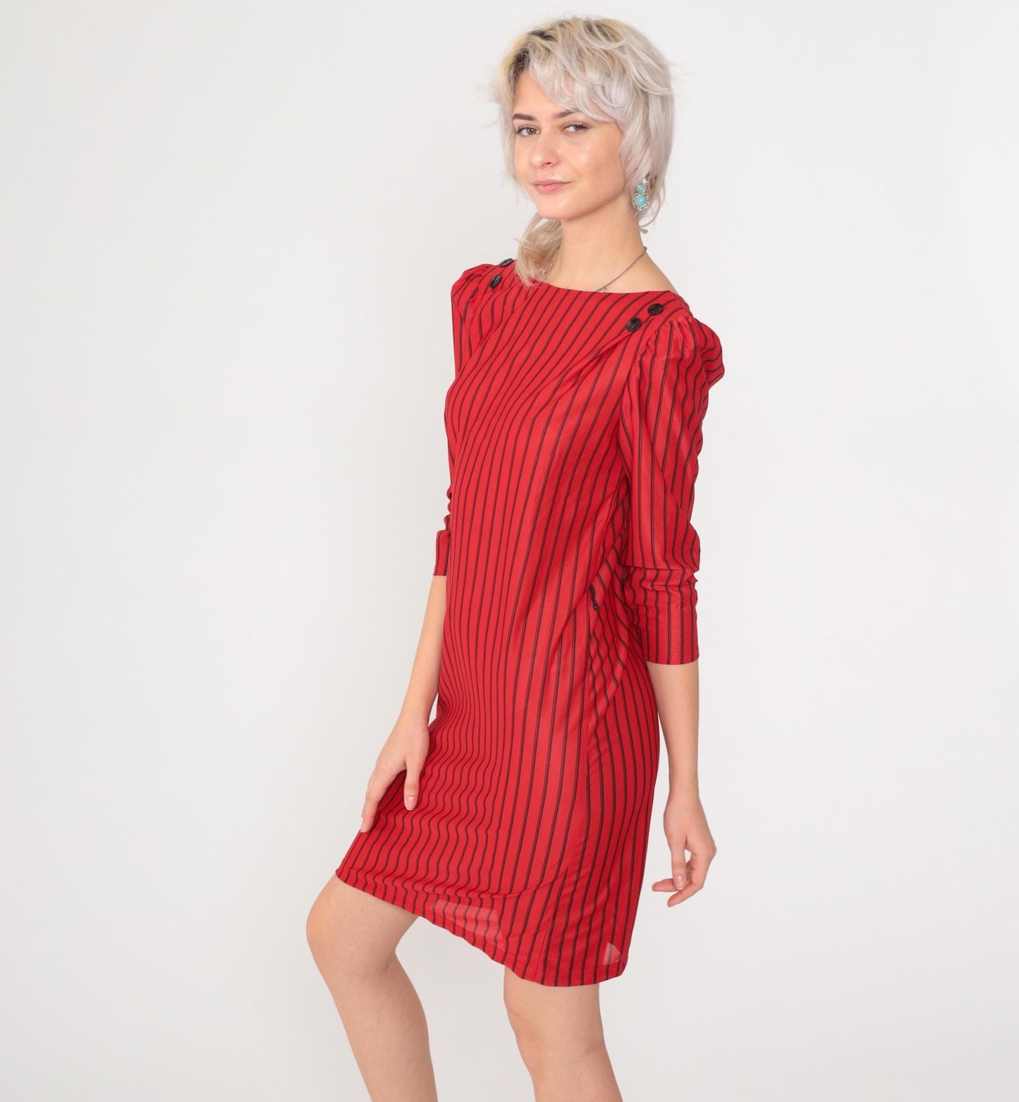 80s Red & Black Striped Mini Dress Puff Sleeve Button Back Small S