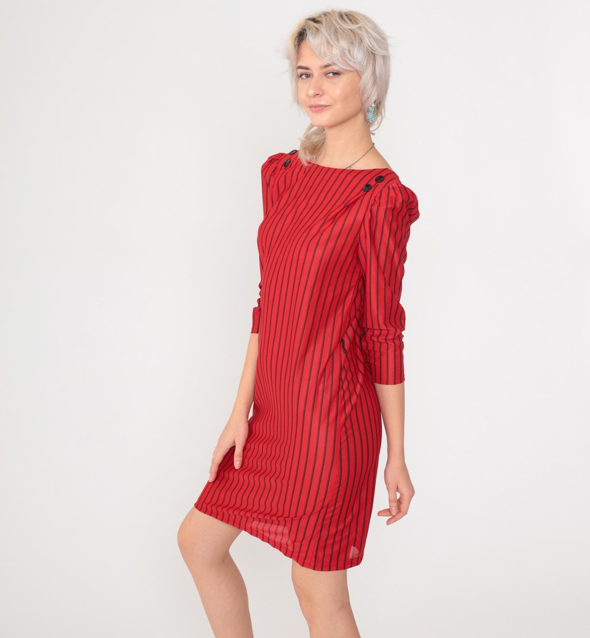 80s Red & Black Striped Mini Dress Puff Sleeve Button Back Small S