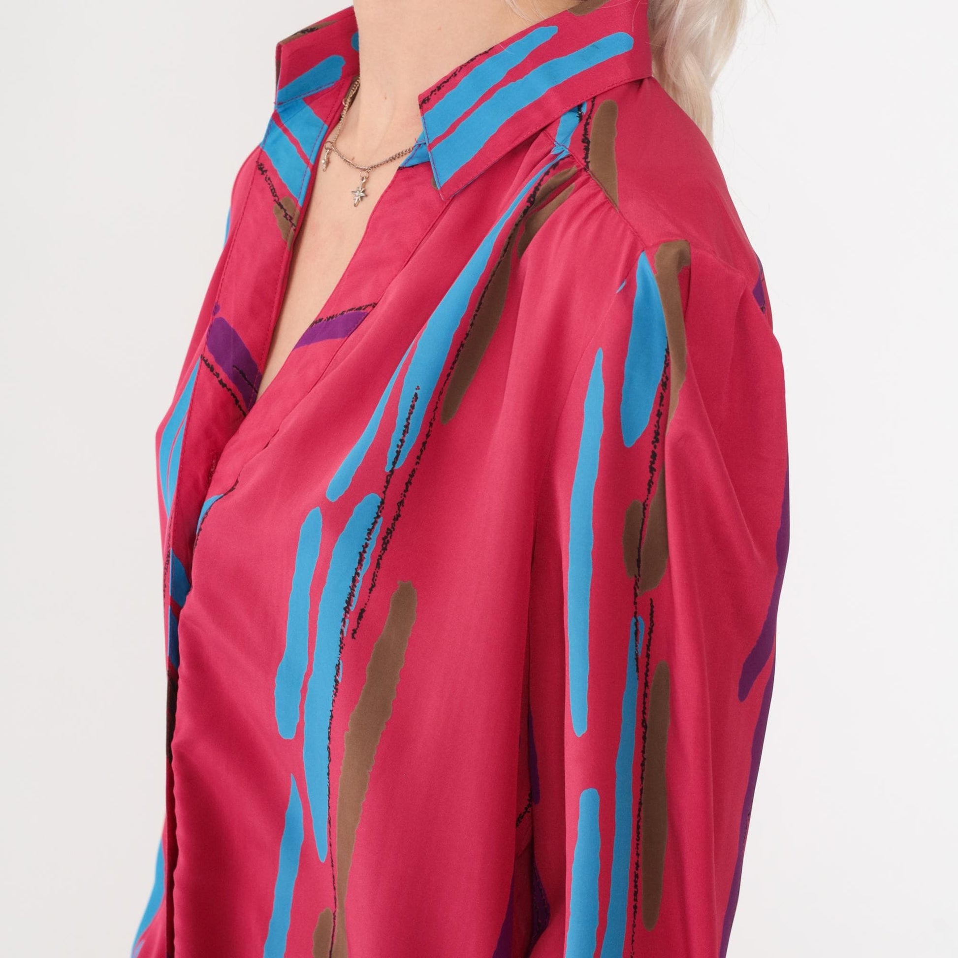 80s Fuchsia Striped Mini Dress Puff Sleeve Button-Up Shirtdress Medium
