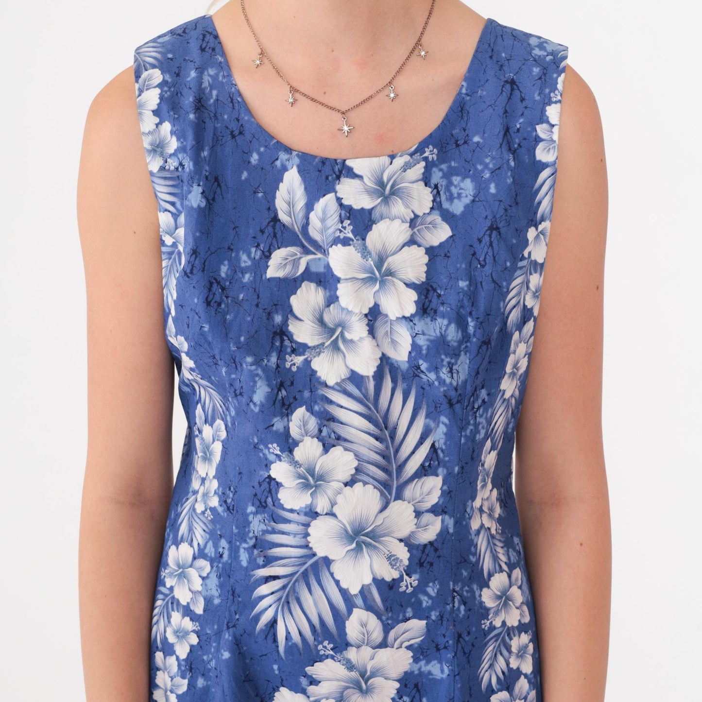 Y2K Hawaiian Floral Mini Dress Blue Sleeveless Cotton Sheath Small