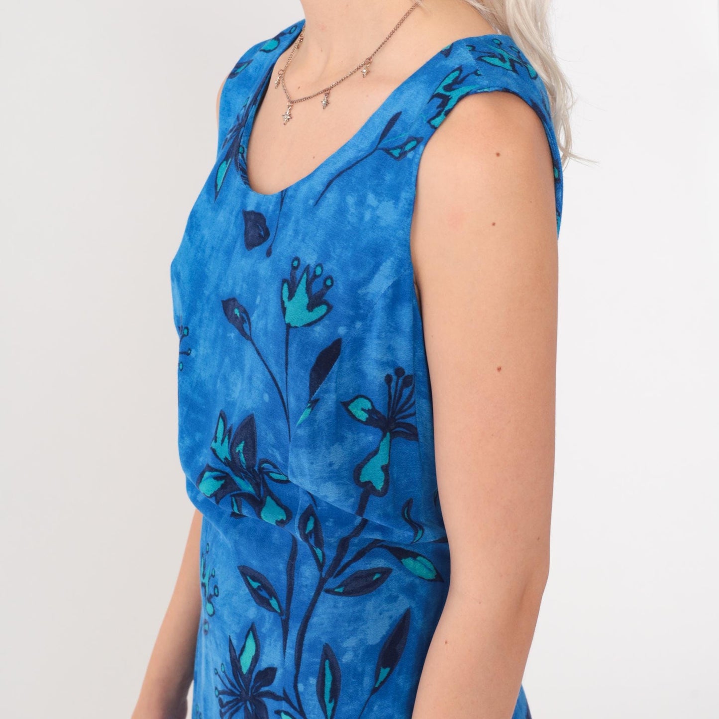 90s Blue Floral Rayon Maxi Dress Sleeveless Scoop Neck Side Slit Small