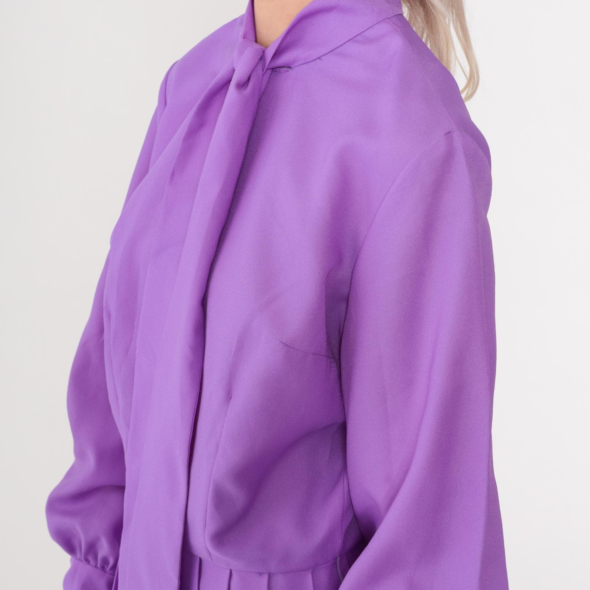 70s Purple Ascot Midi Dress Long Sleeve High Waist Pleated Medium 8