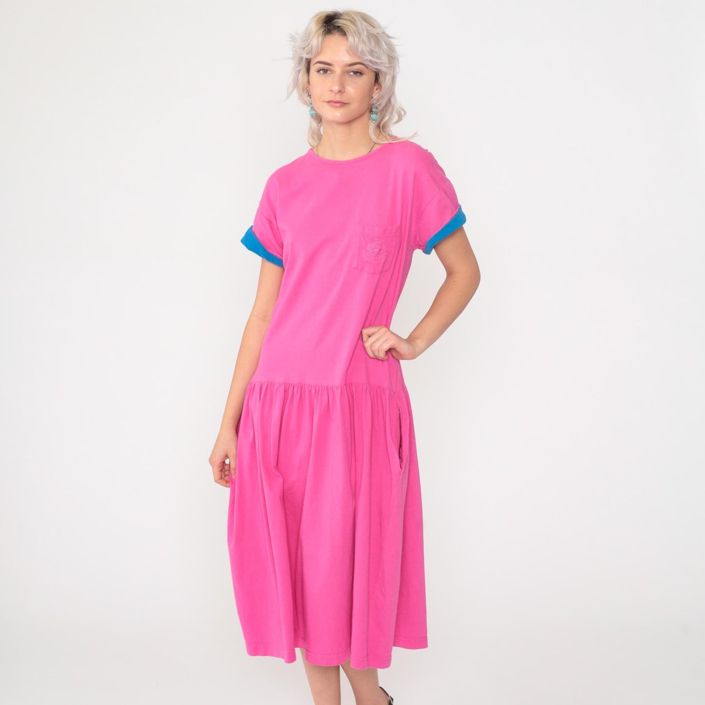 90s Jones Wear Fuchsia T-Shirt Dress Cotton Chest Pocket Drop Waist Midi Medium
