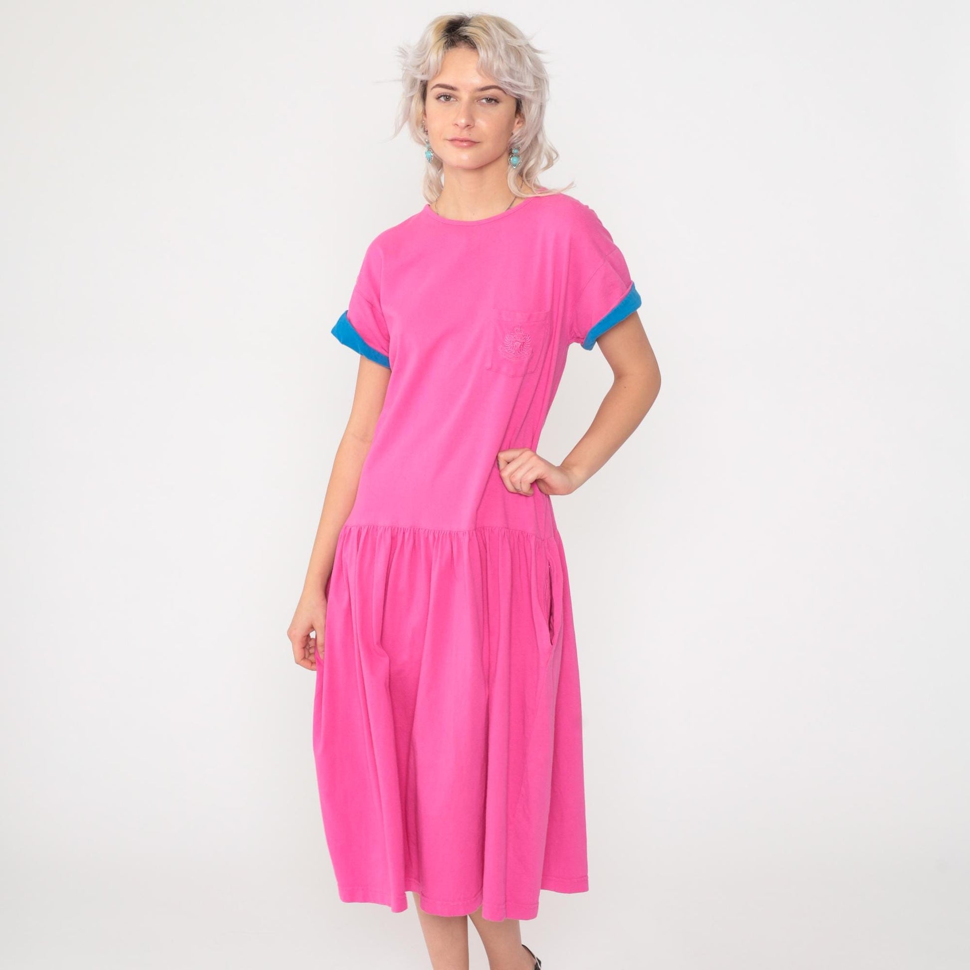 90s Jones Wear Fuchsia T-Shirt Dress Cotton Chest Pocket Drop Waist Midi Medium