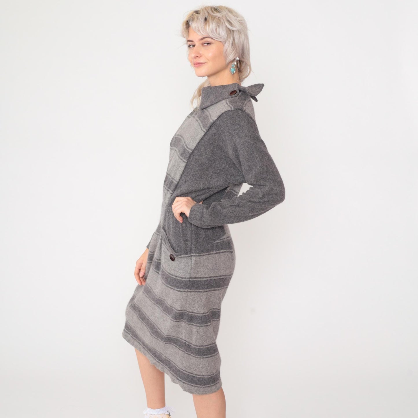 80s Grey Striped Wool Midi Dress Mock Neck Elastic Waist Pockets Small