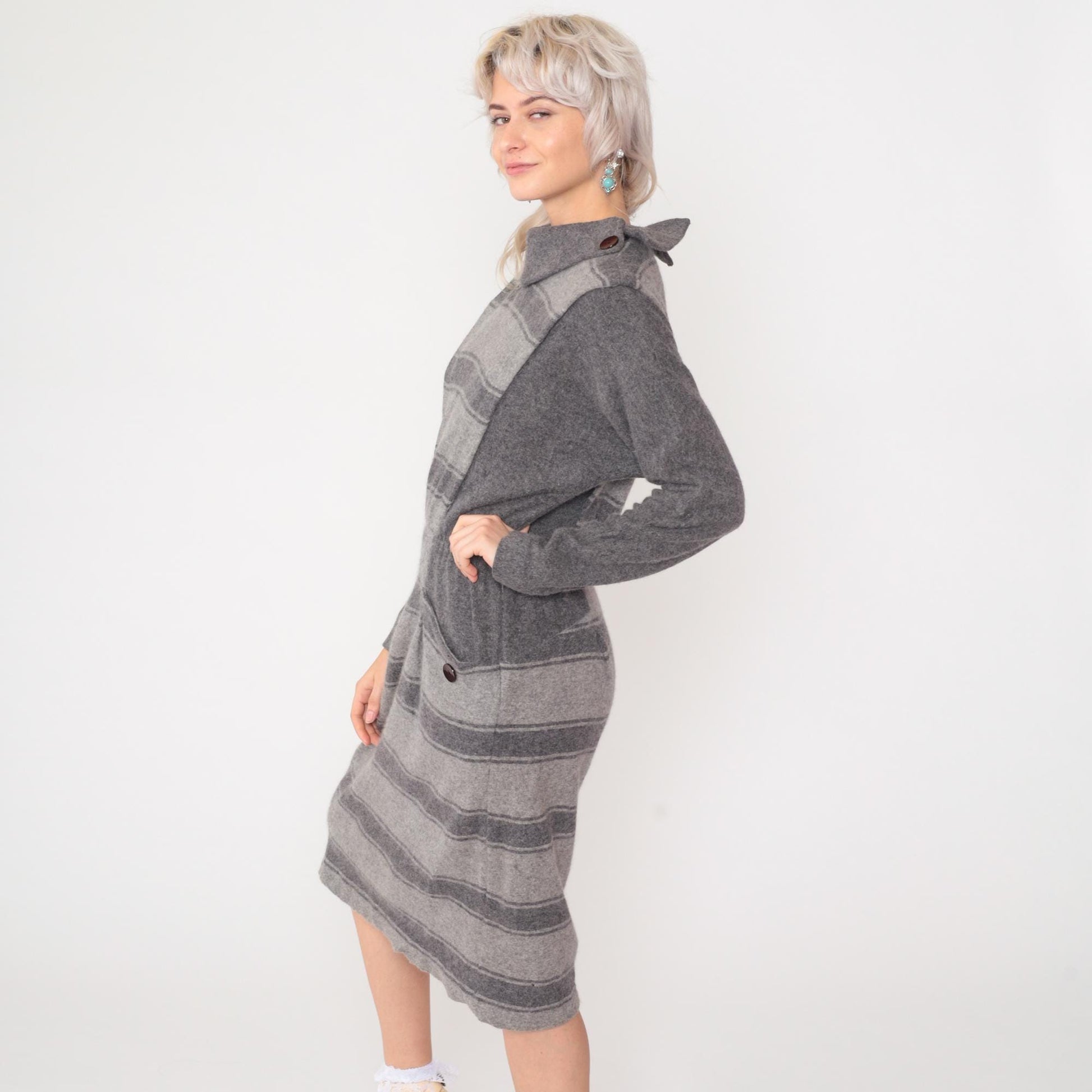80s Grey Striped Wool Midi Dress Mock Neck Elastic Waist Pockets Small