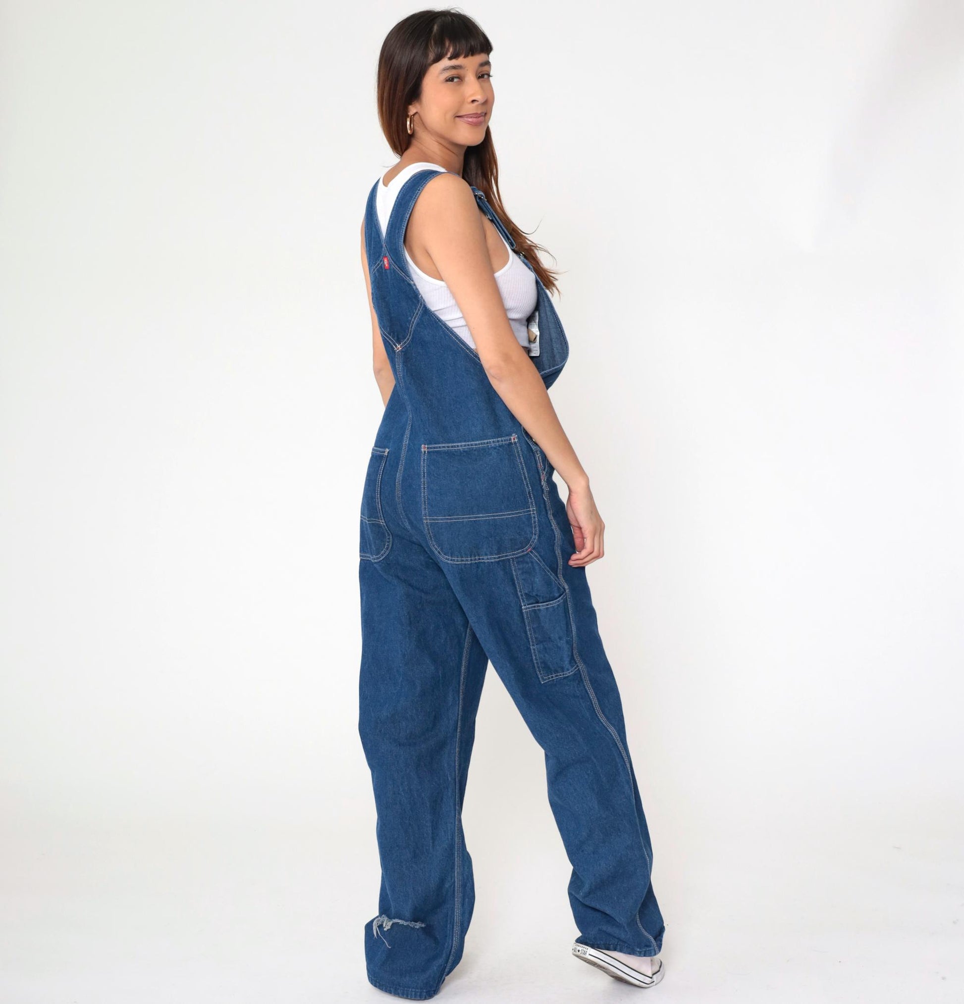 Y2K Dickies Bib Overalls Dark Wash Denim Cargo Hammer Loop 32x34