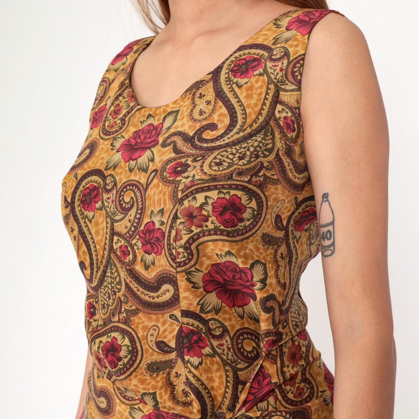 90s Forenza Silk Mini Dress Gold Floral Paisley Wrap Waist Sleeveless Medium