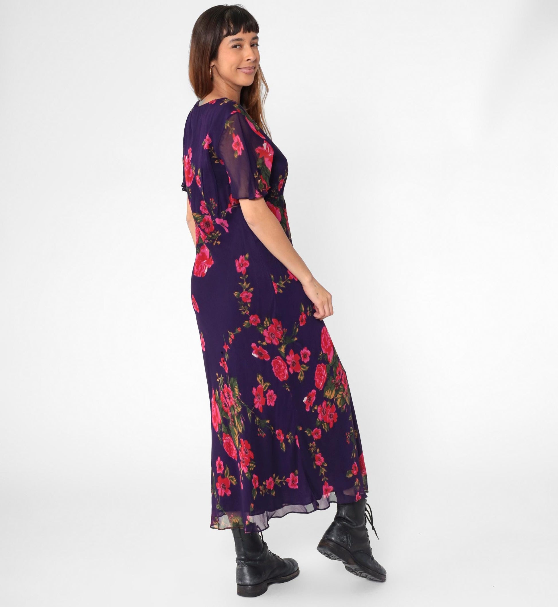 Y2K Purple Floral Chiffon Maxi Dress Flutter Sleeve High Waist V Neck Large L