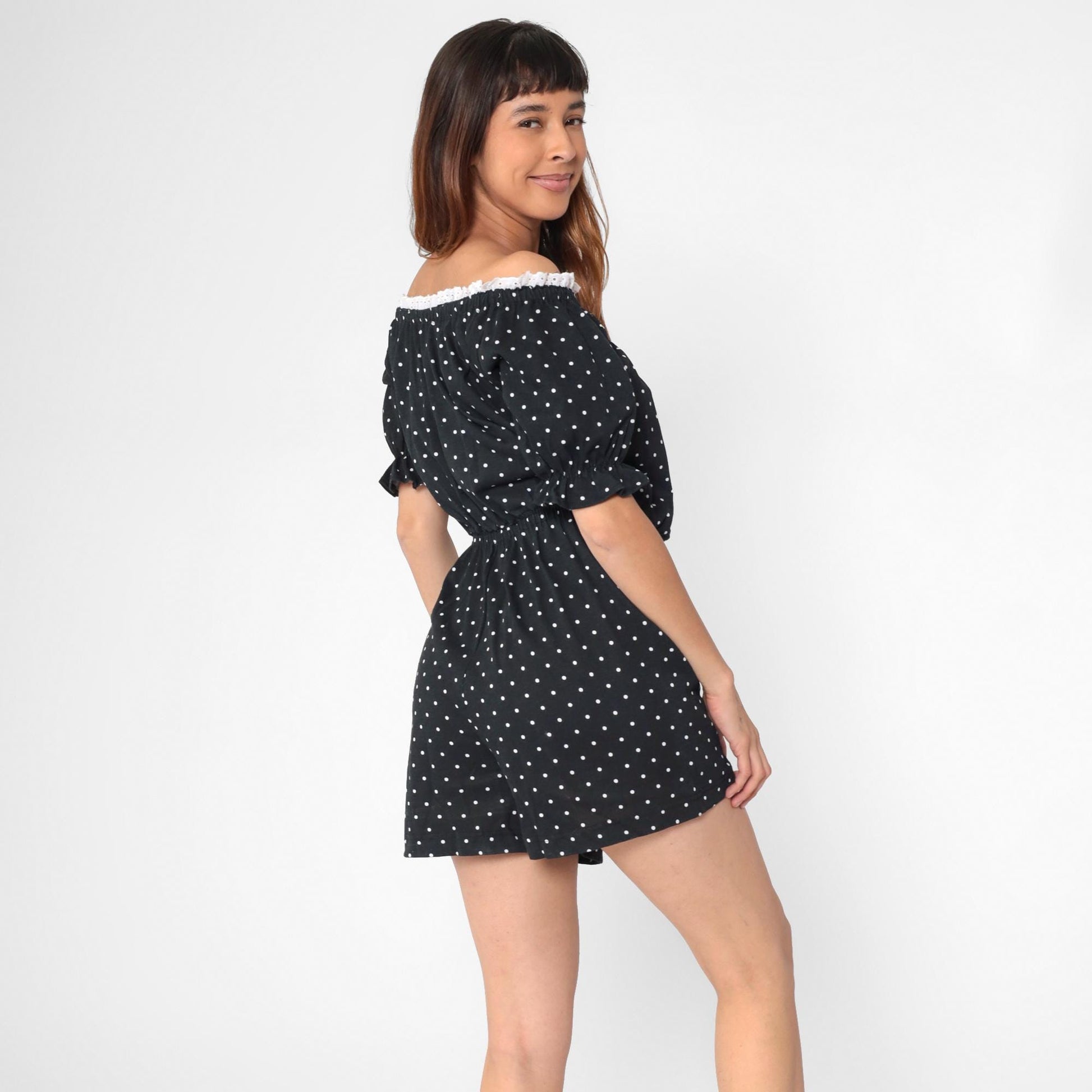 80s Black White Polka Dot Romper Eyelet Lace Puff Sleeve Playsuit Small